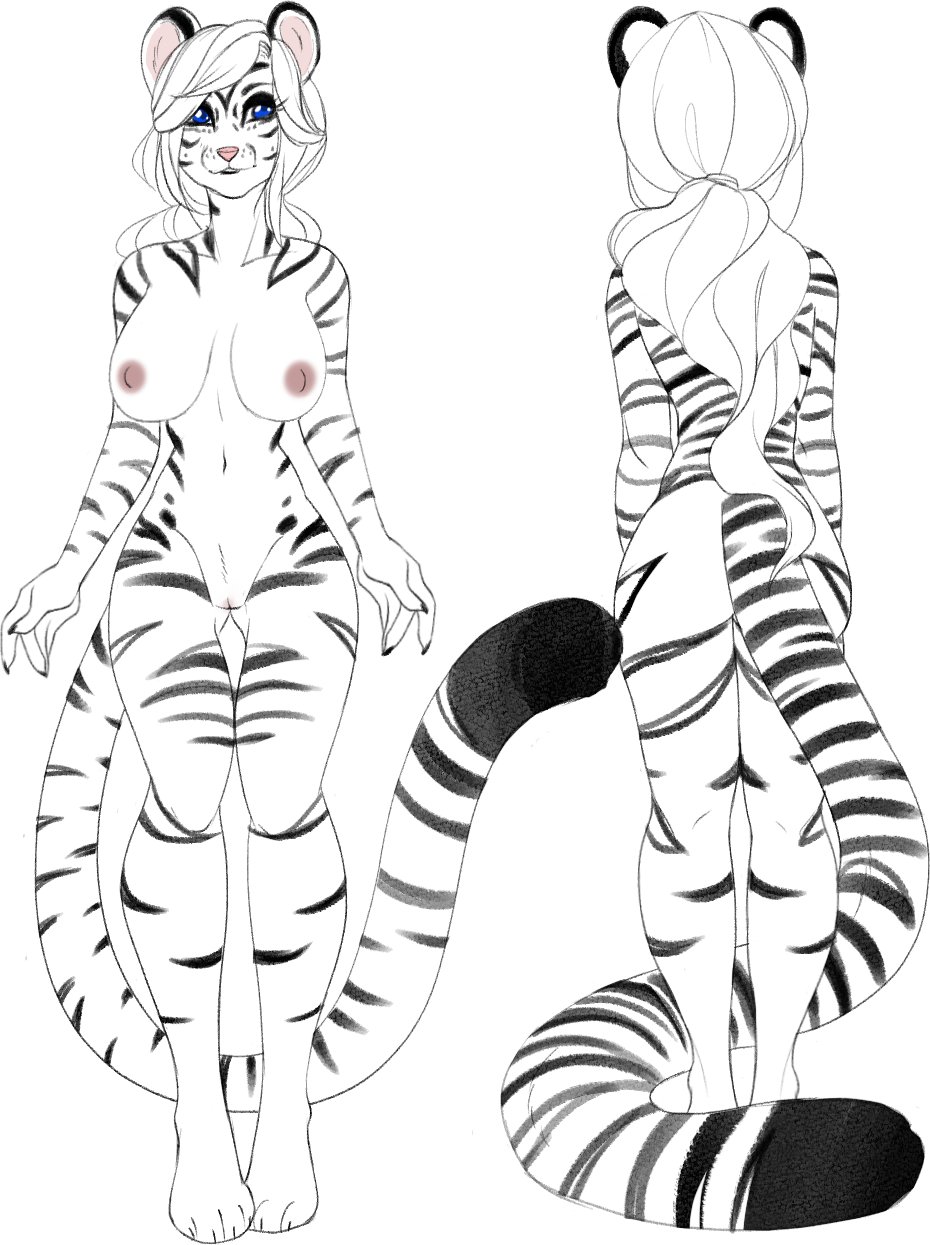 anthro ass_visible_through_thighs black_stripes blue_eyes felid female fingers fur genitals hair hi_res katibara long_hair long_tail mammal melody_(sakuradlyall) nipples pantherine pink_nose pussy solo striped_body striped_fur stripes tiger white_body white_fur white_hair