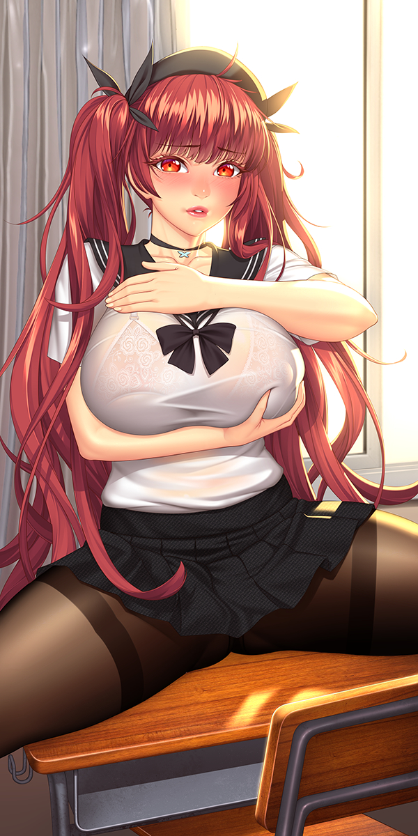 1girls, azur lane, big breasts, bra, breasts, cleavage, female, female only, honolulu (azur lane), large breasts, looking at viewer, lucknight, pantyhose, solo, spread legs