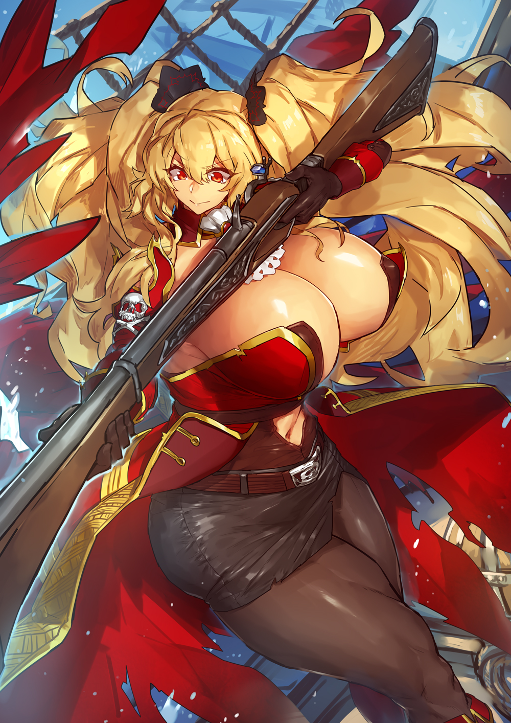 anne_bonny_(fate/grand_order) big_breasts blonde_hair cleavage fate_(series) gun hair_ornament huge_breasts massive_breasts melon22 melonnyinyi miniskirt pantyhose pirate red_eyes thick_thighs twintails weapon