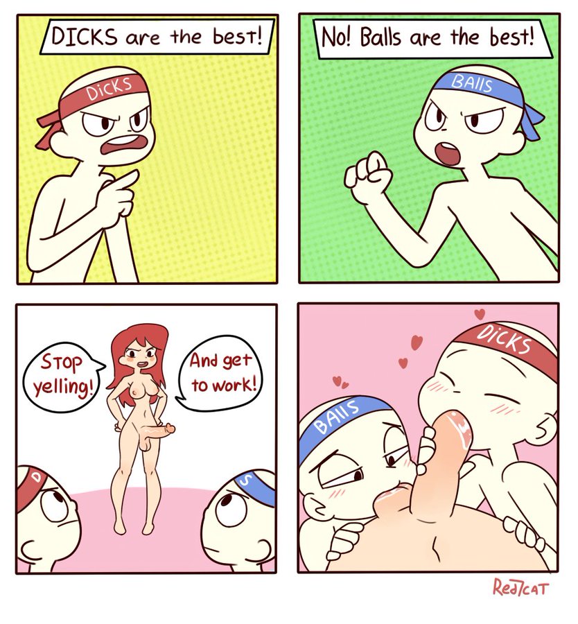 1futa, 2boys, balls, balls guy, collaborative fellatio, comic, english text, erection, fellatio, futa on male, futadom, futanari, headband, humor, intersex, lowres, male, male sucking futa, nude, penis, red hair, red7cat, sucking balls, sucking testicles, teamwork, testicles, text, threesome