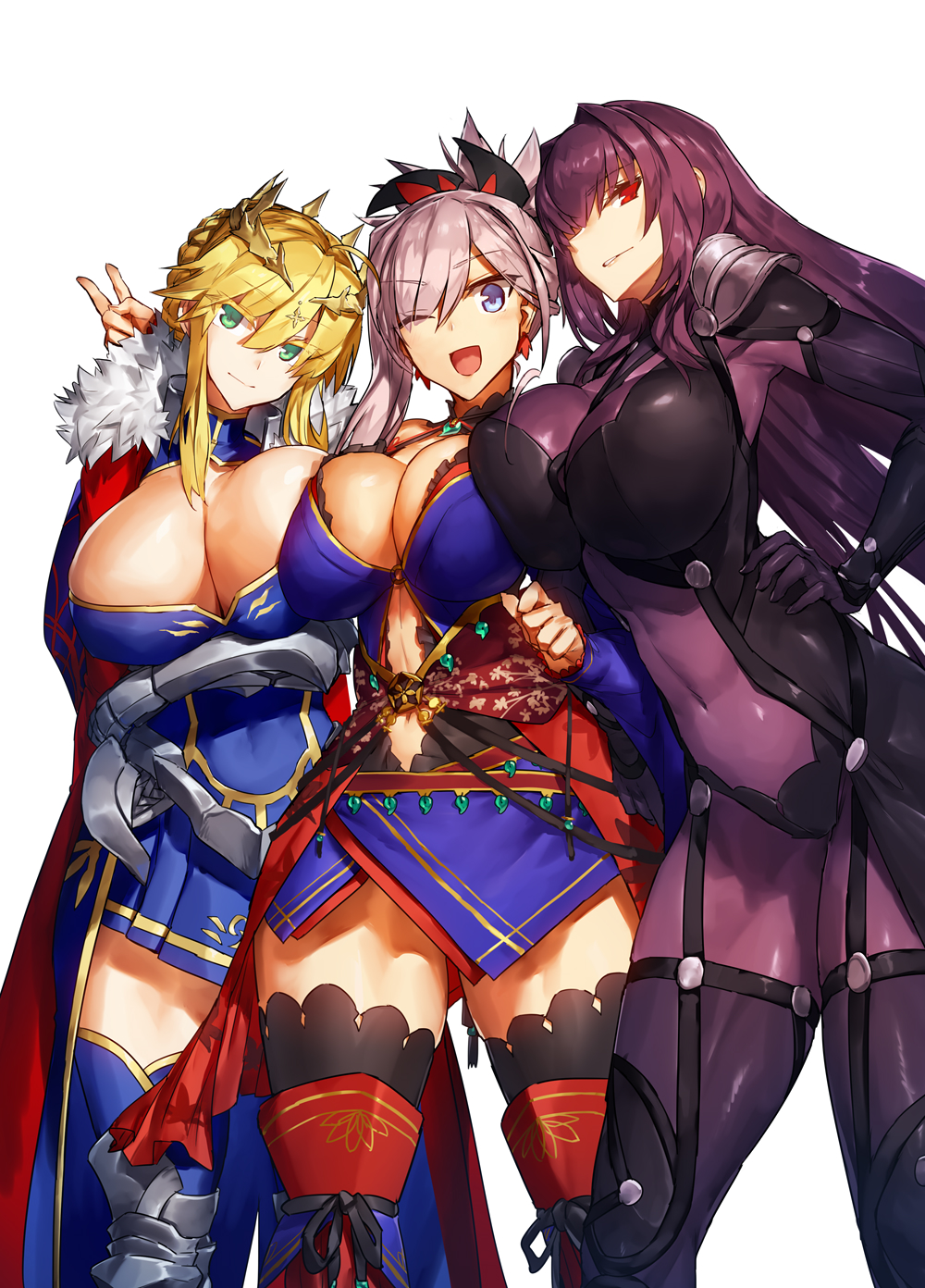 3girls armor artoria_pendragon artoria_pendragon_(lancer) blonde_hair blue_eyes bodysuit cape fate_(series) female green_eyes huge_breasts jpeg knight large_breasts mature_female melon22 melonnyinyi miyamoto_musashi_(fate) muscular_thighs pink_hair purple_bodysuit purple_hair red_eyes samurai scathach_(fate) thick_thighs thighhighs thighs