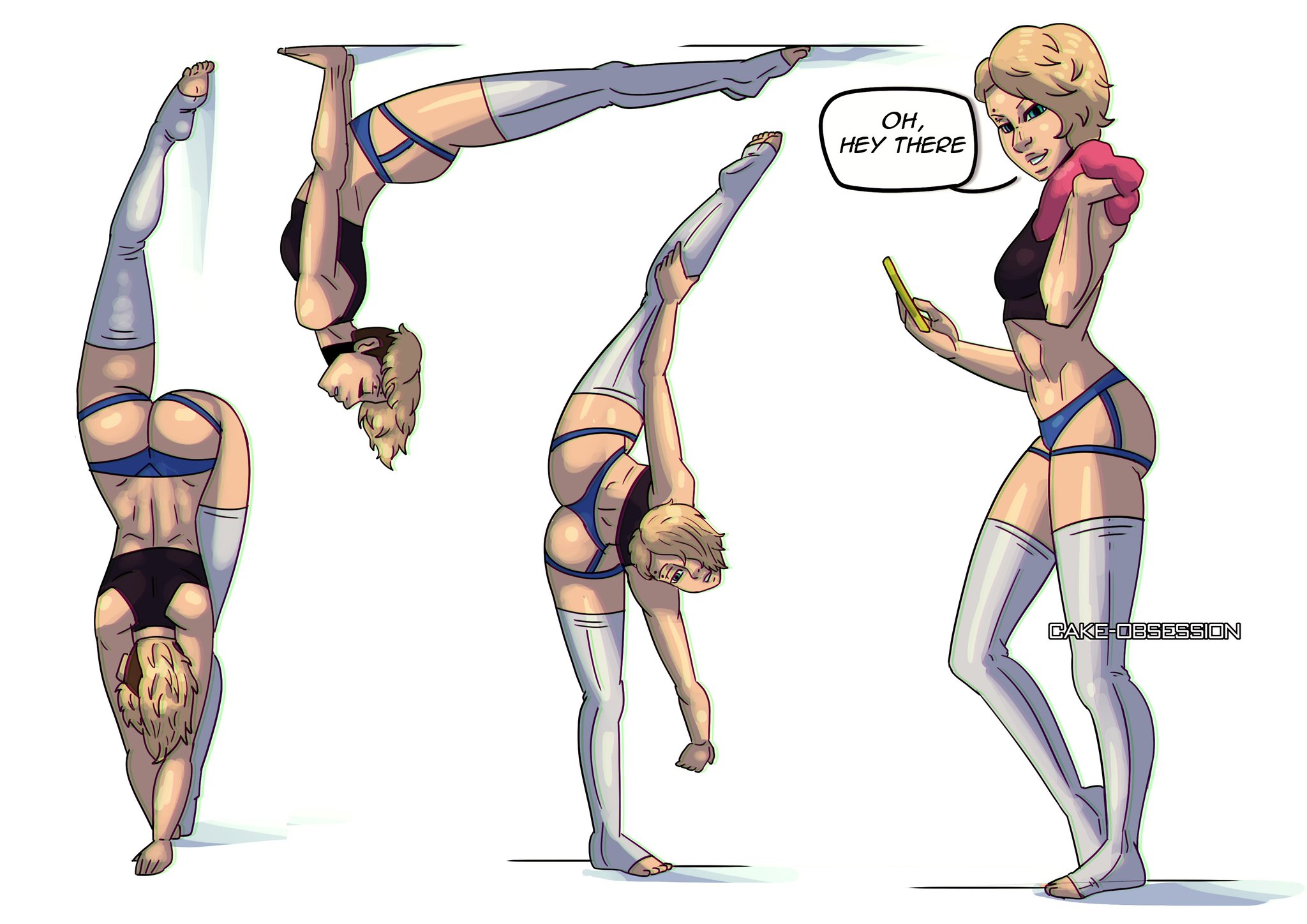 blonde hair, cake obsession, eyebrow piercing, female, female only, flexible, gwen stacy, gwen stacy (spider-verse), gymnastics, marvel, marvel comics, shaved side, short hair, solo, solo female, solo focus, spider-gwen, spider-man (series), spider-man: into the spider-verse, splits, standing split, superheroine