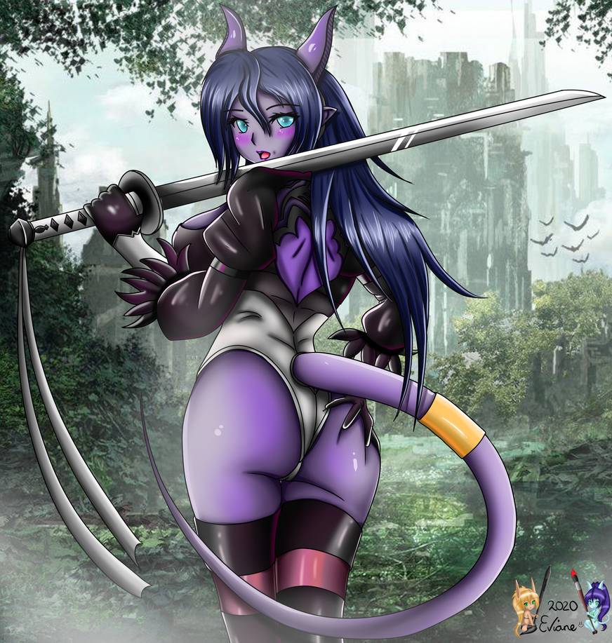 ass blue_hair breasts cosplay draenei eviane gloves hand_on_ass horn leotard lylly pinup purple_skin stockings sword world_of_warcraft