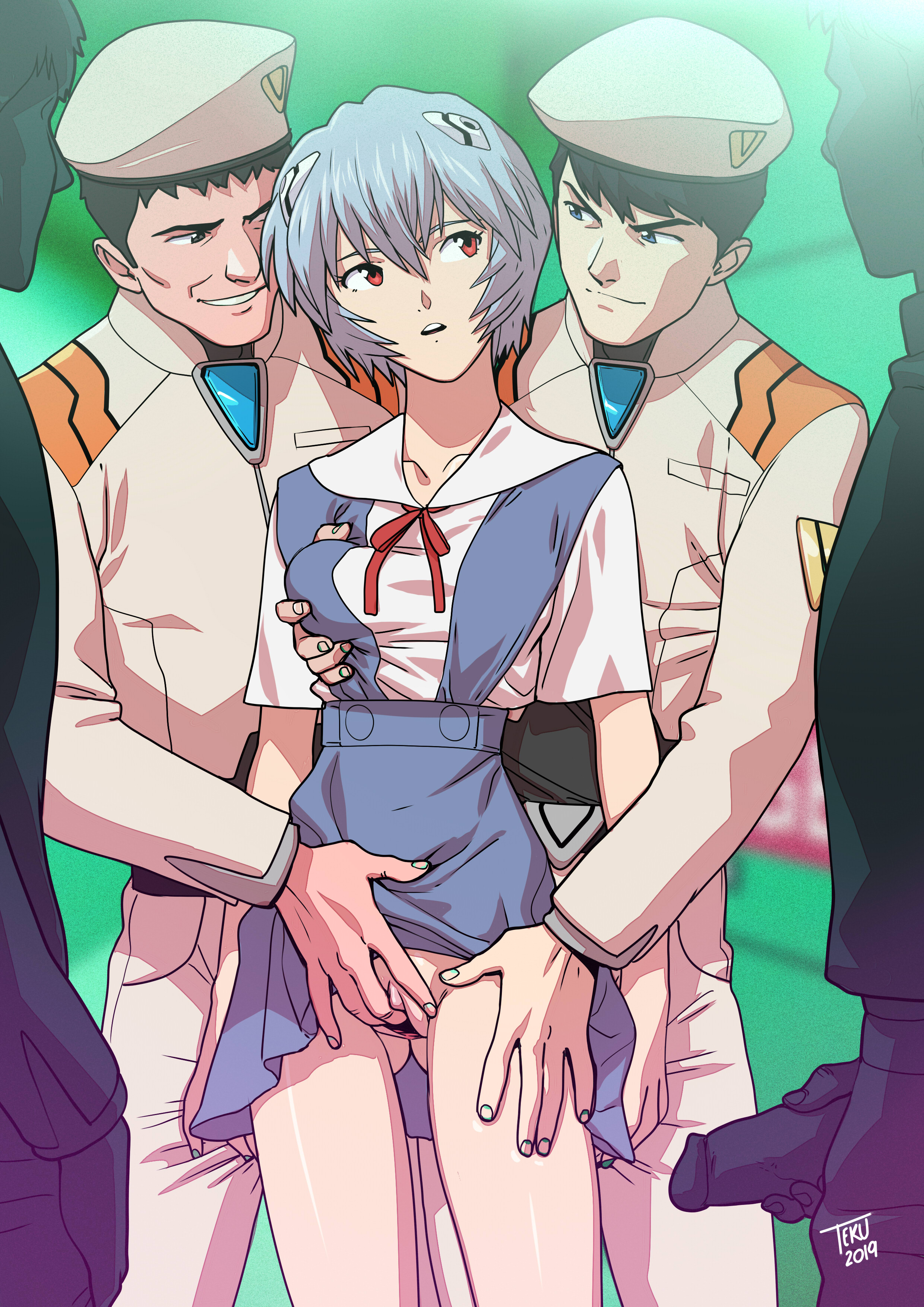 breast grab, breasts, clothed female, clothed sex, clothing, dominant male, emotionless, expressionless, female, fingering, groping, imminent rape, imminent sex, male, molestation, multiple boys, multiple males, neon genesis evangelion, no panties, penis, plugsuit, pussy, rape, rape face, red eyes, rei ayanami, school uniform, short hair, skirt, small breasts, standing, submissive female, tekuho