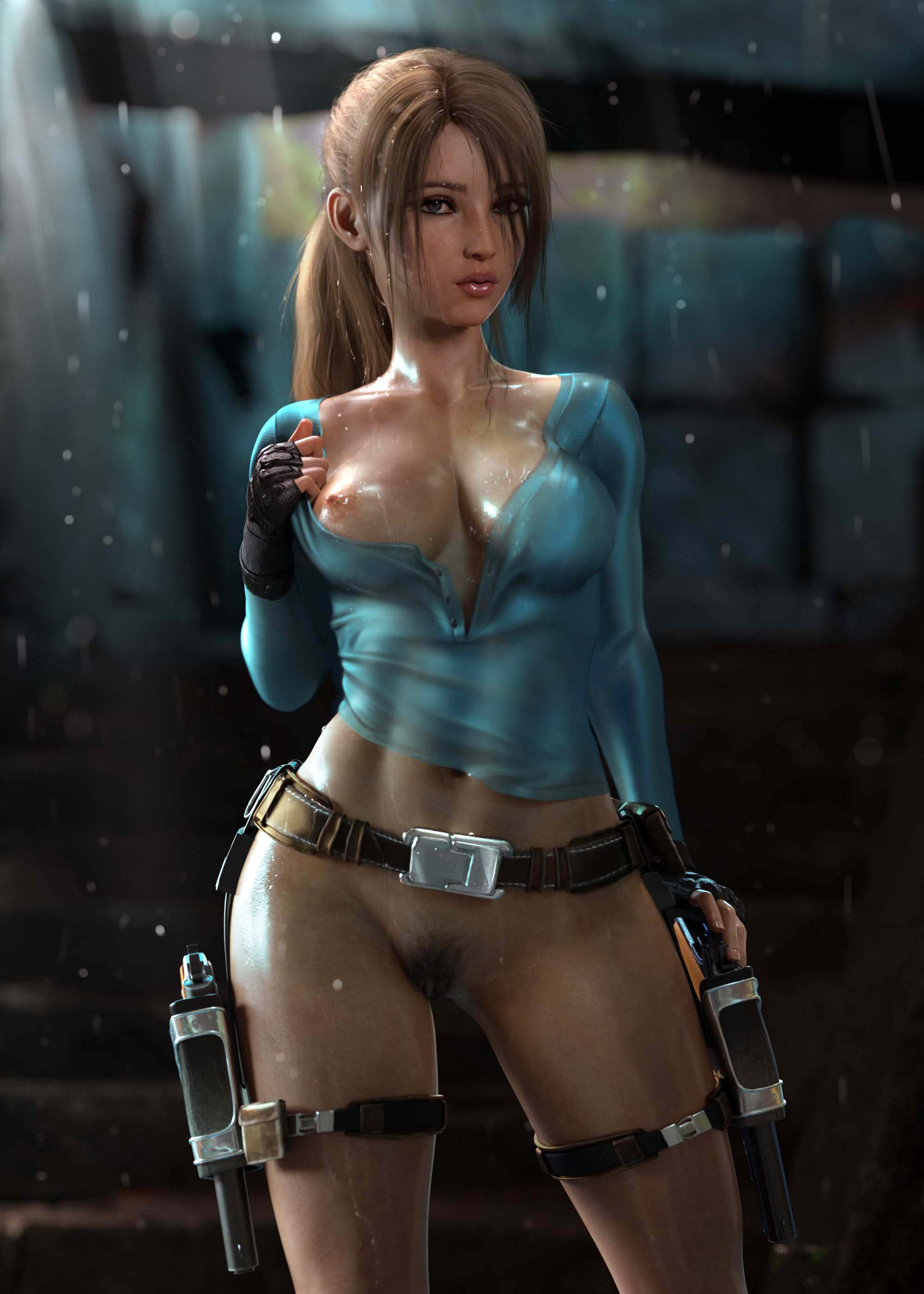 3d, abs, bottomless, breasts, brown eyes, brown hair, female, fingering, fingerless gloves, hair over one eye, lara croft, lara croft (l.a.u.), lips, nipples, nude, nude female, ponytail, pubic hair, rain, raining, sevenbees, solo, straps, tomb raider, tomb raider (l.a.u.), toned, toned female, uncensored, wet