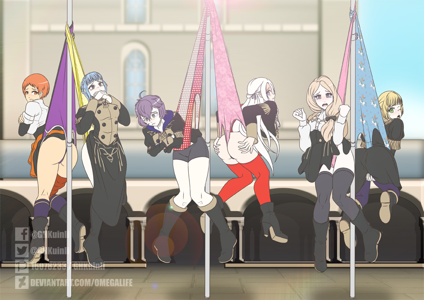 6girls bernadetta_von_varley clothes_stuck_on_object edelgard_von_hresvelg female female_only fire_emblem fire_emblem:_three_houses hanging_wedgie high_heel_boots high_heels ingrid_brandl_galatea leonie_pinelli marianne_von_edmund mercedes_von_martritz multiple_girls nintendo omegalife panties polka_dot polka_dot_panties public_humiliation sextuple_wedgie source_request wedgie