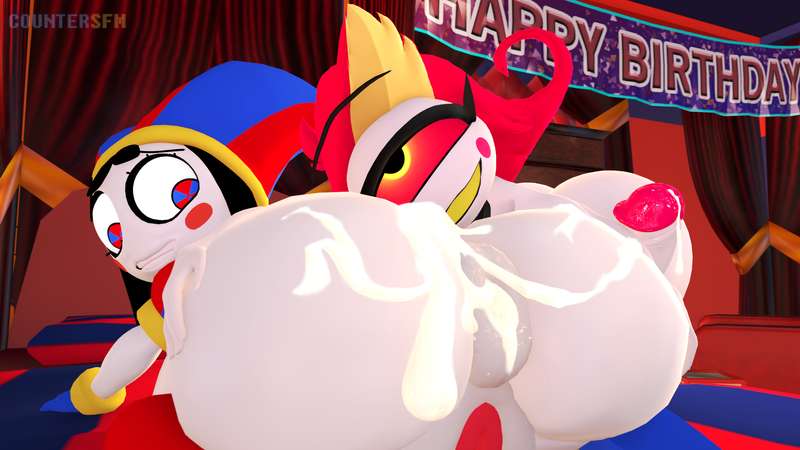 1futa, 1girl1futa, 1girls, 3d, 3d (artwork), anus, countersfm, crossover, cum in ass, cum leaking out of anus, cum leaking out of penis, donut anus, female, futanari, hazbin hotel, niffty, penis, pomni (the amazing digital circus), puffy anus, tagme, the amazing digital circus