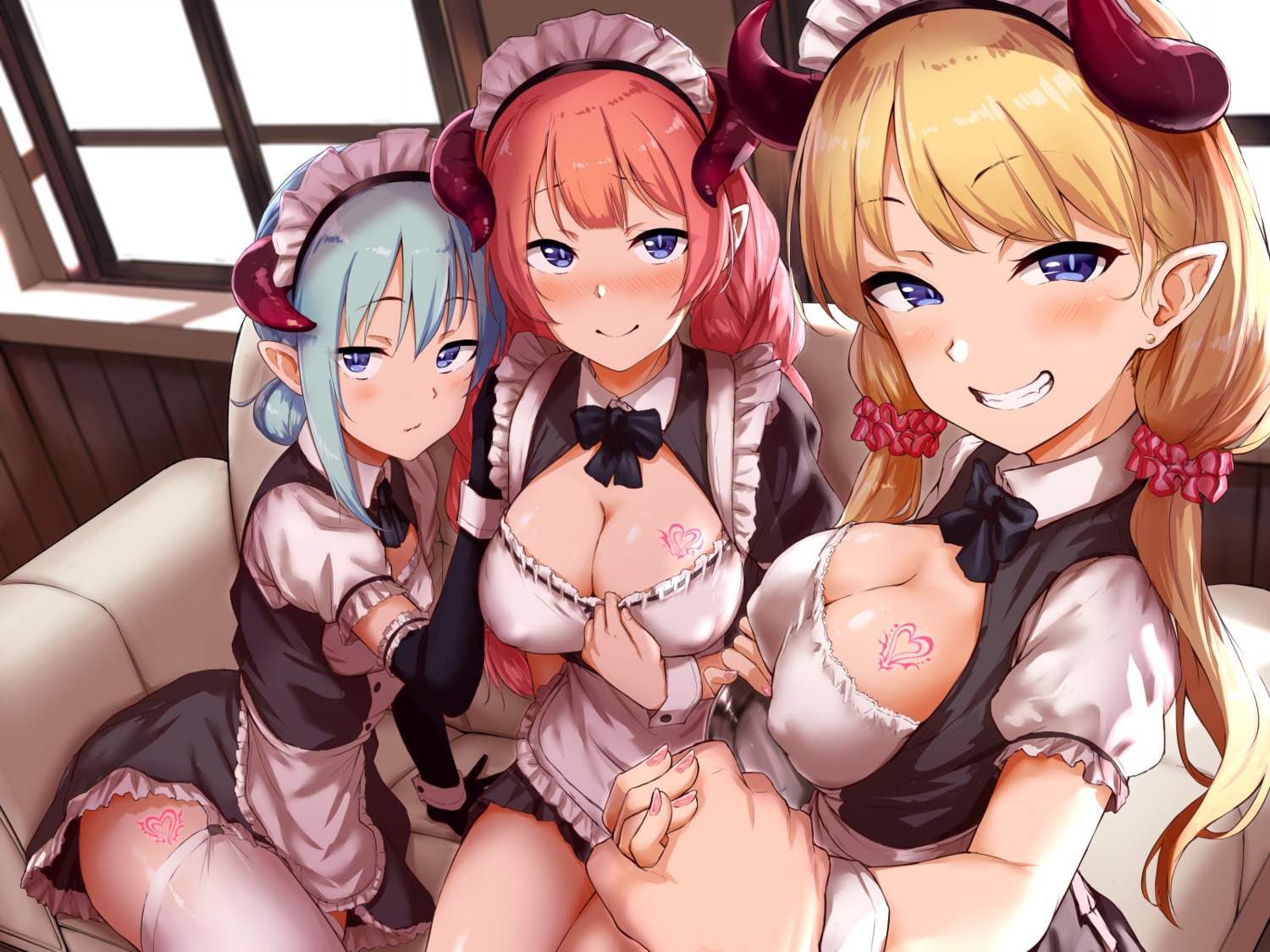 3girls, aoi tiduru, cleavage, erect nipples, female, horns, looking at viewer, maid, multiple females, multiple girls, nipples, pointy ears, pov, stockings, tattoo, thighhighs