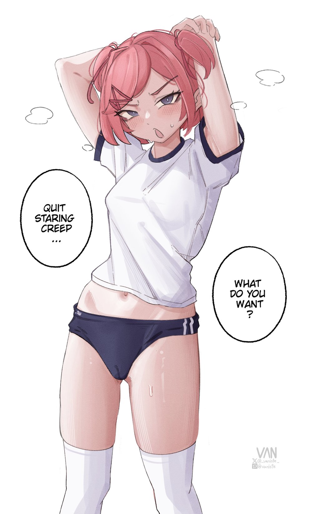 1girls, camel toe, cameltoe, doki doki literature club, female, female only, gym uniform, natsuki (doki doki literature club), panties, petite, petite body, pussy, pussy focus, pussy lips, solo, sweaty, vaniste