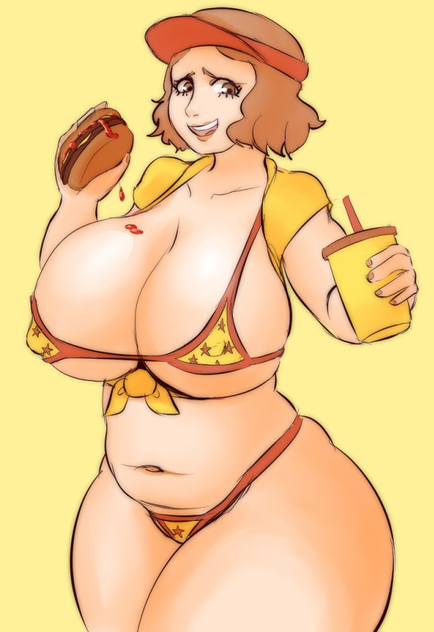 1girls, bikini, breasts, brown hair, burger, chubby, female, female only, haru okumura, igdel, large breasts, navel, nipple bulge, persona, persona 5, solo, thick thighs, voluptuous, wide hips