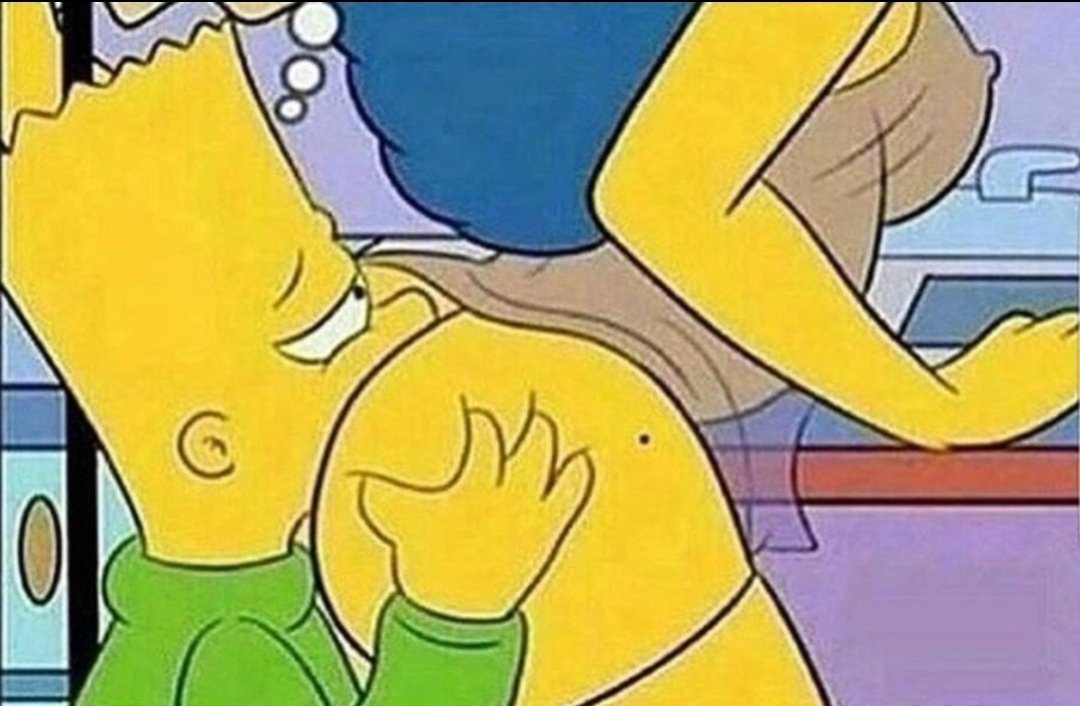 1girl1boy, 1male1female, 2d (artwork), apron, bart simpson, boy, brown apron, brown clothing, cooking, duo, face in ass, female, girl, hair spikes, incest, male, marge simpson, meme, nipple bulge, nipples, nipples visible through clothing, no source, nose, round ass, sniffing ass, tagme (source), the simpsons, yellow body, yellow skin, you vs homer (game)