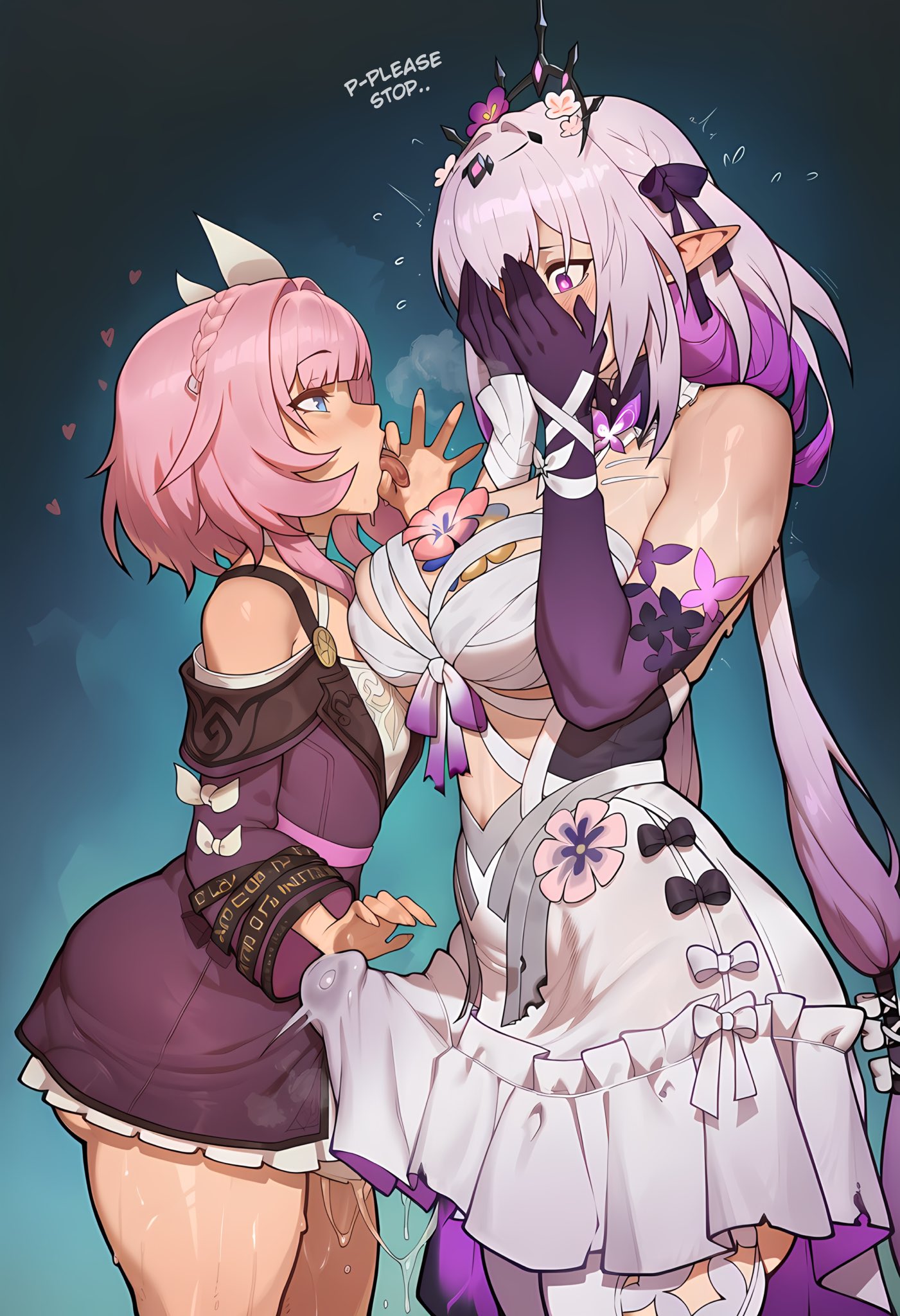 1futa, 1girl1futa, 1girls, 2026, ai, ai art, ai generated, bare shoulders, big ass, big breasts, big butt, big penis, big thighs, blowjob gesture, blue eyes, blush, blush lines, breath, breath cloud, breathing, breathing heavily, castorice (honkai: star rail), clothed, curvaceous, curvy, curvy body, curvy female, curvy figure, curvy hips, cyrene (honkai: star rail), dominant, dominant female, domination, duo, elf ears, embarrassed, embarrassed expression, english text, erect penis, erection, erection under clothes, erection under clothing, female, fit, fit female, fit futa, flower, flower in hair, fully clothed, futa with female, futanari, genlation, hair ornament, heart, heart symbol, heavy breathing, honkai (series), honkai: star rail, huge ass, huge breasts, huge butt, huge cock, huge thighs, imminent oral, large ass, large breasts, large butt, large penis, large thighs, light skin, light-skinned female, light-skinned futa, long hair, looking at partner, penis, penis grab, petite, petite body, petite breasts, petite female, petite girl, petite tits, pink hair, precum, precum drip, precum on penis, precum string, precum through clothing, precum through underwear, purple dress, purple eyes, purple hair, rubbing penis, rubbing pussy through clothing, short hair, sleeves, speech bubble, sweat, sweating, thick, thick ass, thick hips, thick legs, thick thighs, thighhighs, thighs, white dress