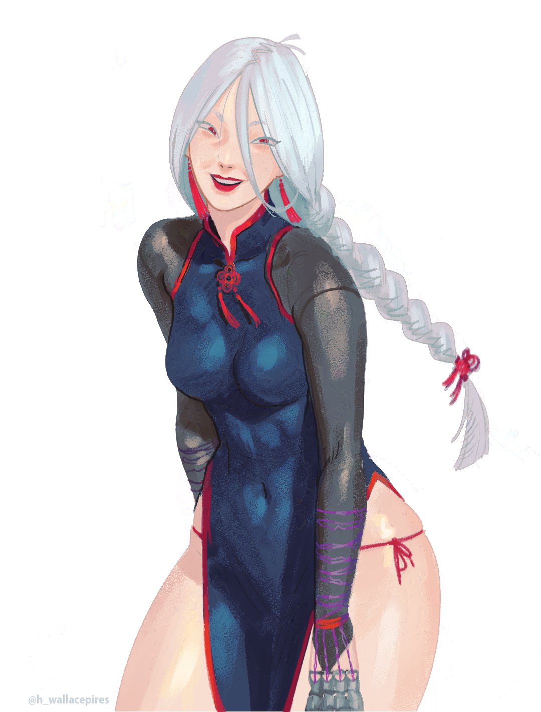 a.k.i., alternate costume, alternate hairstyle, asian, asian female, braid, braided ponytail, breasts, bridal gauntlets, china dress, chinese clothes, covered navel, dress, earrings, female, highres, jewelry, panties, red eyes, red lips, side-tie panties, smile, street fighter, street fighter 6, tassel, tassel earrings, twitter username, underwear, wallace pires, watermark, white hair