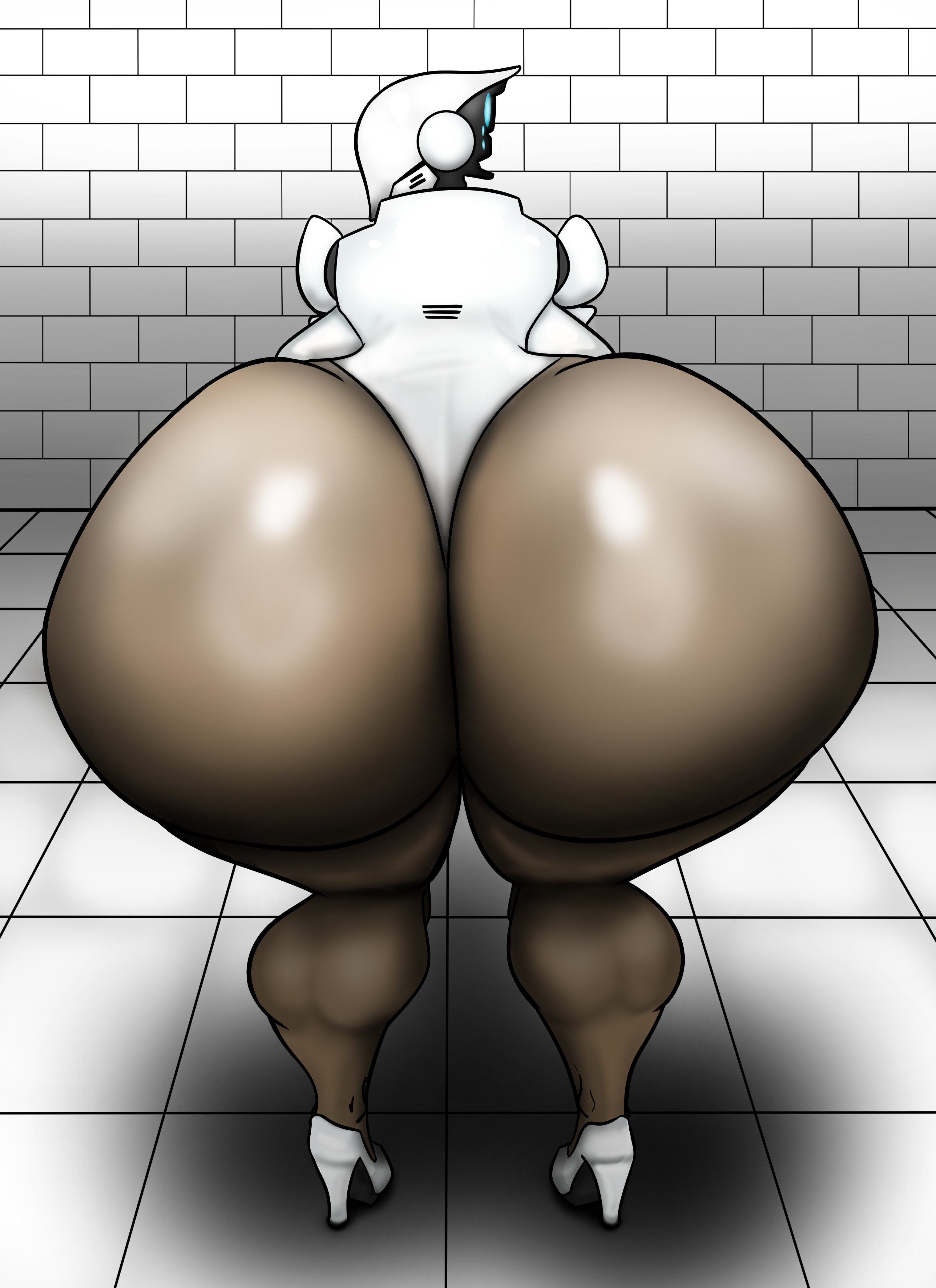 aurea80, dark-skinned female, female, haydee, haydee (game), heels, high heels, huge ass, huge breasts, leotard, muscular female, robot, solo, squatting, twerking, white clothing