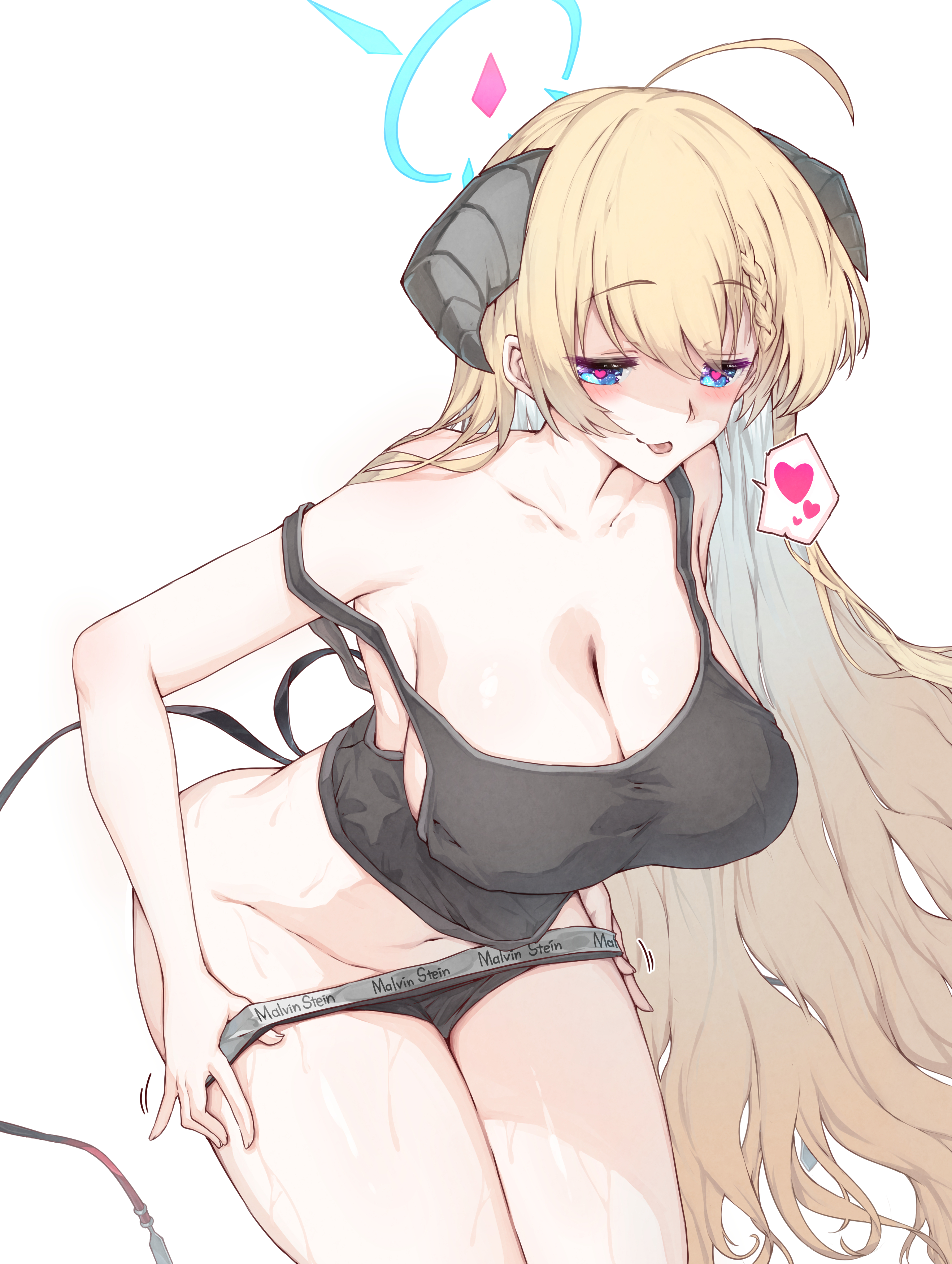 absurdres, ahoge, akari (blue archive), bare shoulders, black panties, black shirt, blonde hair, blue archive, blue eyes, blue halo, blush, braid, breasts, cleavage, collarbone, commentary request, demon horns, demon tail, female, groin, halo, heart, heart-shaped pupils, highres, horns, large breasts, long hair, looking at viewer, navel, panties, panty pull, pink pupils, shirt, single braid, smile, solo, sunnysideup, sweat, symbol-shaped pupils, tail, tank top, thighs, tongue, tongue out, underwear, very long hair