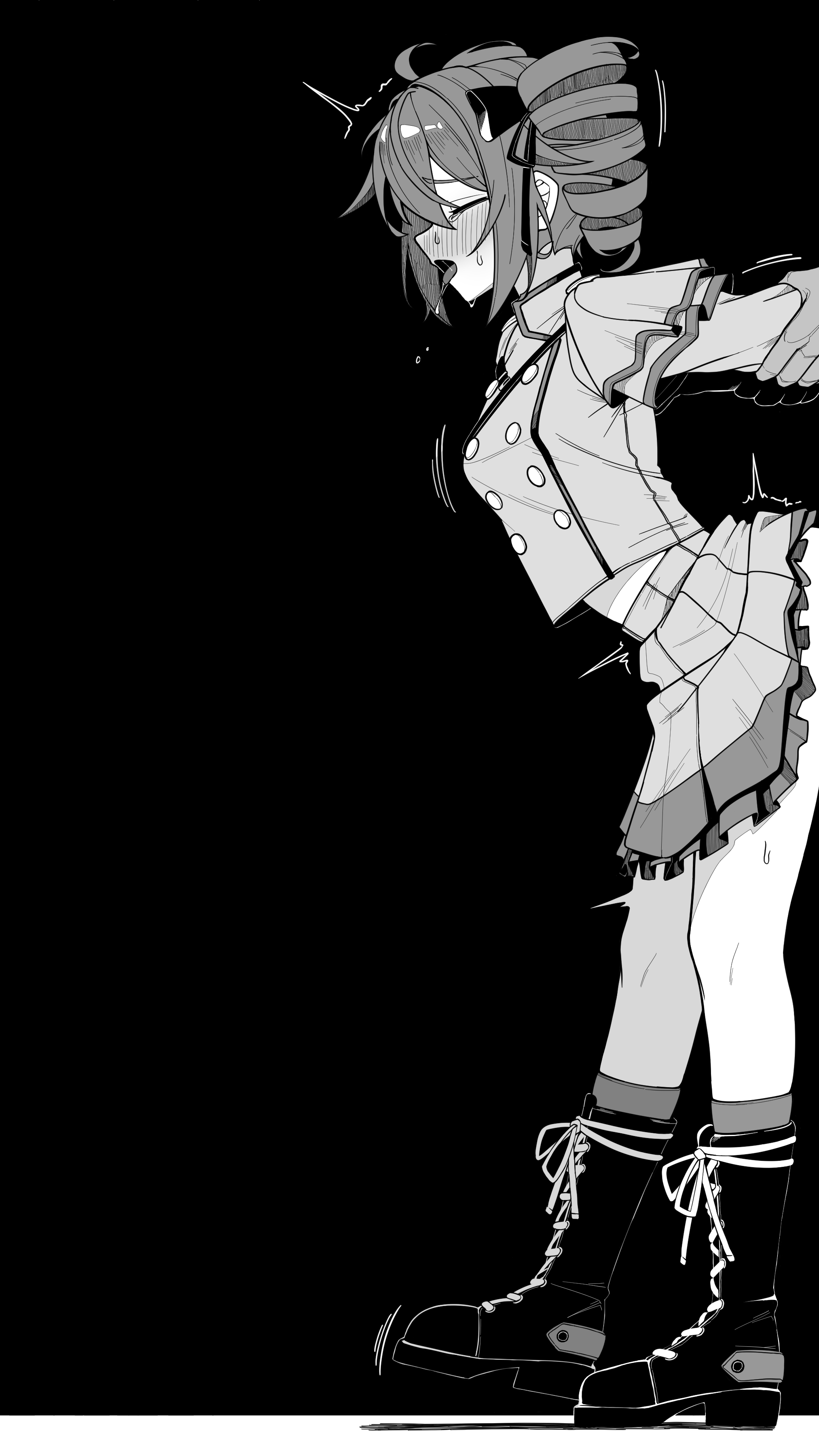 1boy, 1girls, absurdres, ahe gao, ahegao, ahoge, arms behind back, arms held, arms held back, black background, blush, blush lines, blushing, blushing profusely, boots, breasts, closed eyes, clothed, clothed female, clothed sex, clothes lift, clothing, commentary request, crop top, cropped jacket, drill hair, female, female focus, female penetrated, from side, full body, fully clothed, greyscale, hairbow, highres, implied penetration, implied sex, jacket, kasane teto, kasane teto (sv), kynation, male, male hand, medium breasts, monochrome, motion lines, no panties, offscreen male, open mouth, out-of-frame censoring, petite, petite body, petite female, profile, restrained arms, sex, simple background, skinny, skinny female, skirt, skirt lift, slim girl, slim waist, solo focus, standing, standing sex, straight, synthesizer v, tongue, tongue out, trembling, twin drills, twintails, utau