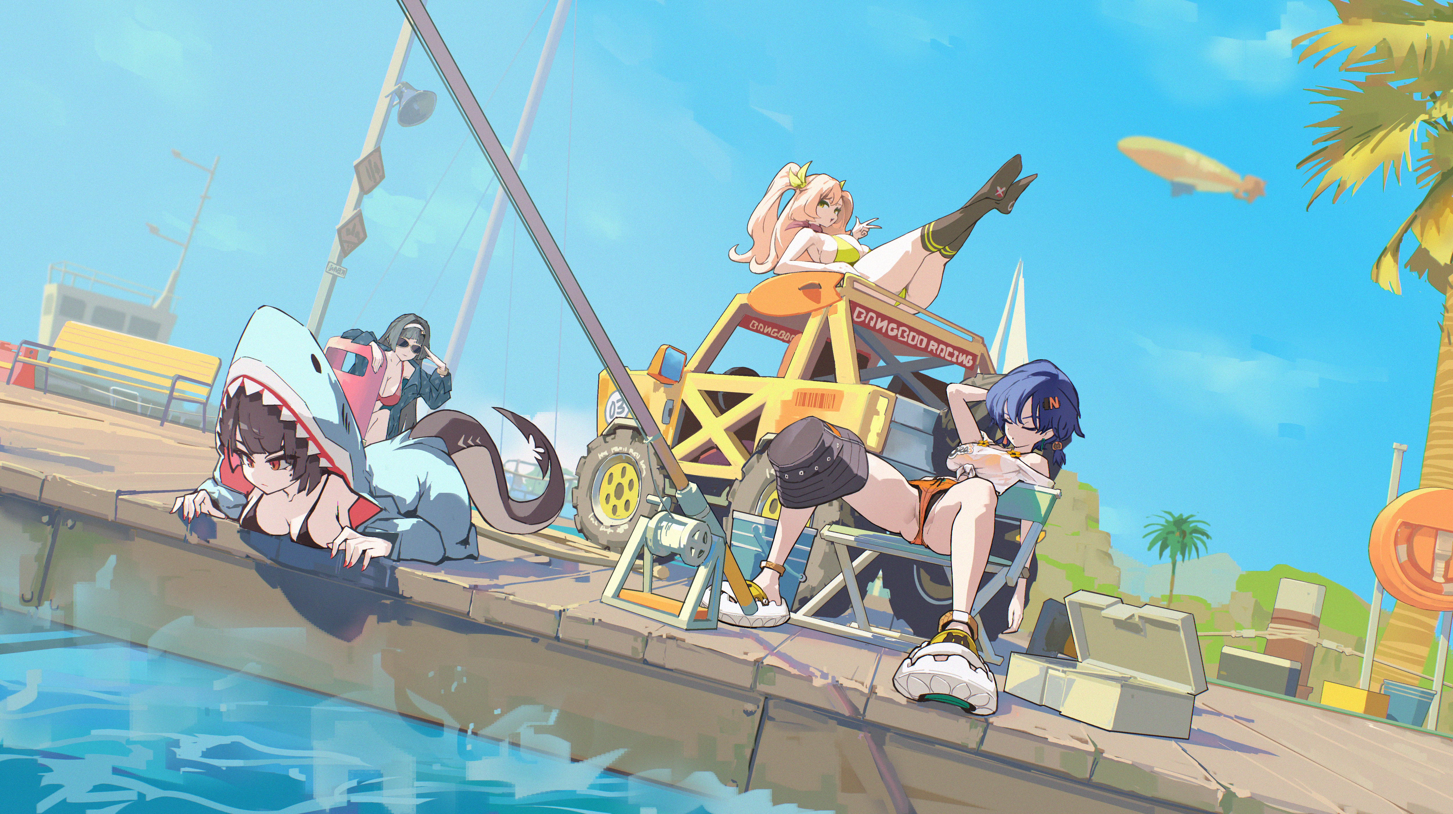 4girls, animal costume, ass, astra yao, belle (summer skies) (zenless zone zero), belle (zenless zone zero), bikini, bikini bottom, bikini top, bikini under clothes, blue sky, breasts, ellen joe, feet, feet up, hi res, high resolution, highres, legs apart, legs up, nicole demara, official alternate costume, rimeye, shark girl, shark tail, spread legs, tail, thighs, zenless zone zero