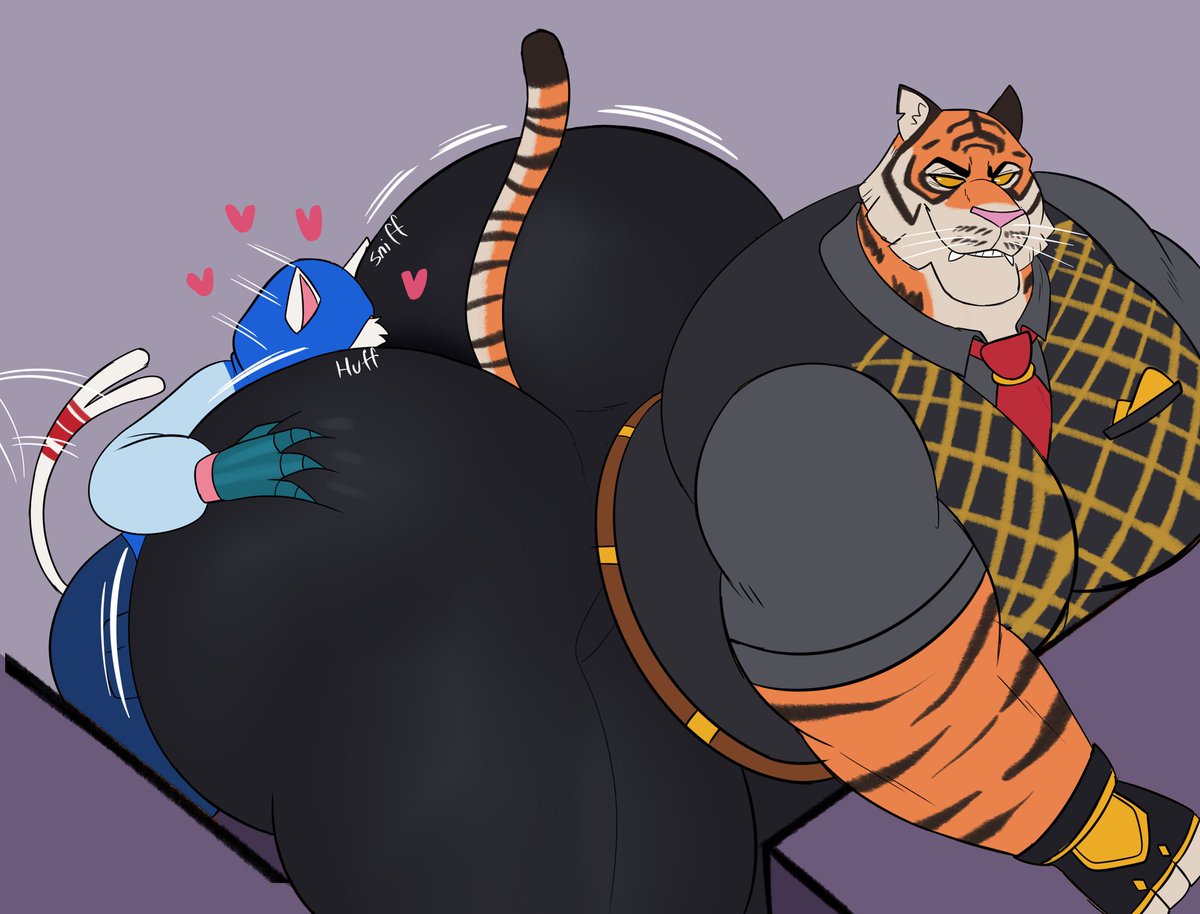 2boys, ass, ass bigger than head, big ass, clothing, domestic cat, face in ass, fat ass, felid, feline, formal wear, fortnite, fortnite: battle royale, fully clothed, furry, furry only, gay, grabbing ass, hand on ass, heart, huge ass, looking back at another, male, male only, megacoolbear, megacoolbear (artist), no genitals, no sex, nonhuman, nyanja (fortnite), onomatopoeia, oscar (fortnite), size difference, sniffing ass, tail, text, thick thighs, tiger