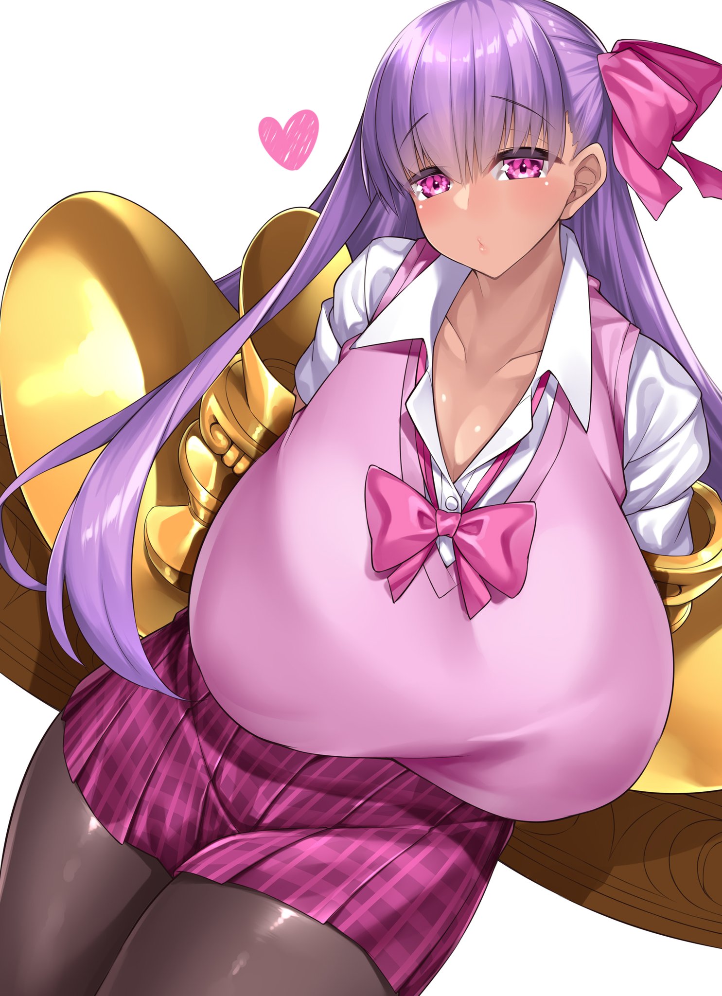 1girls, breasts, claws, fate (series), fate/extra ccc, fate/grand order, female, gyaru, hair ribbon, heart, huge breasts, looking at viewer, nipple bulge, pantyhose, passion lip, purple hair, school uniform, schoolgirl, skirt, sweater, tanned skin, thick thighs, watosu (watosu mama)