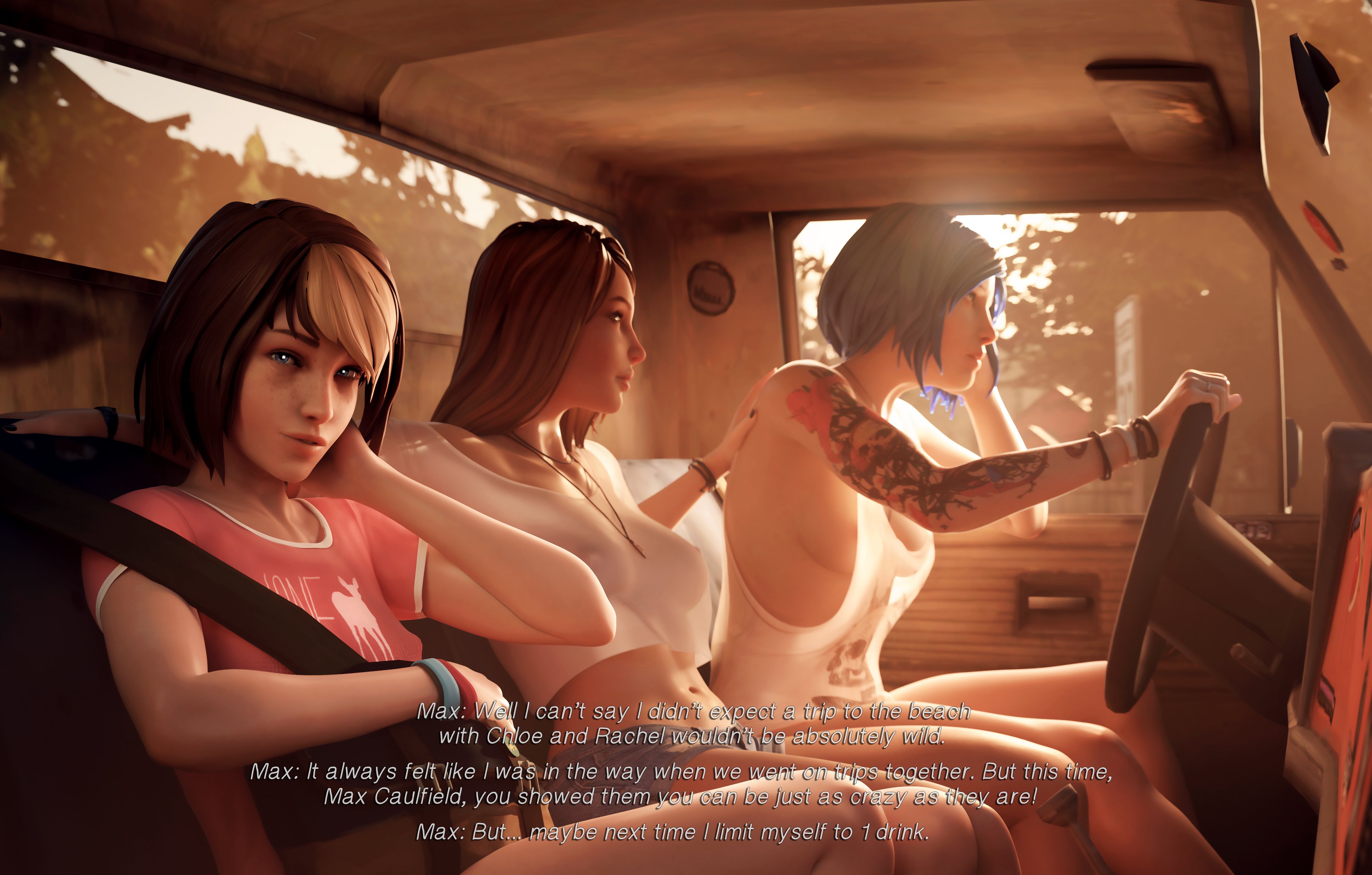 3d, 3d (artwork), 3girls, chloe price, clothing, dinoboy555, duplicate, female, group, human, life is strange, max caulfield, multiple girls, pale skin, pickup truck, rachel amber