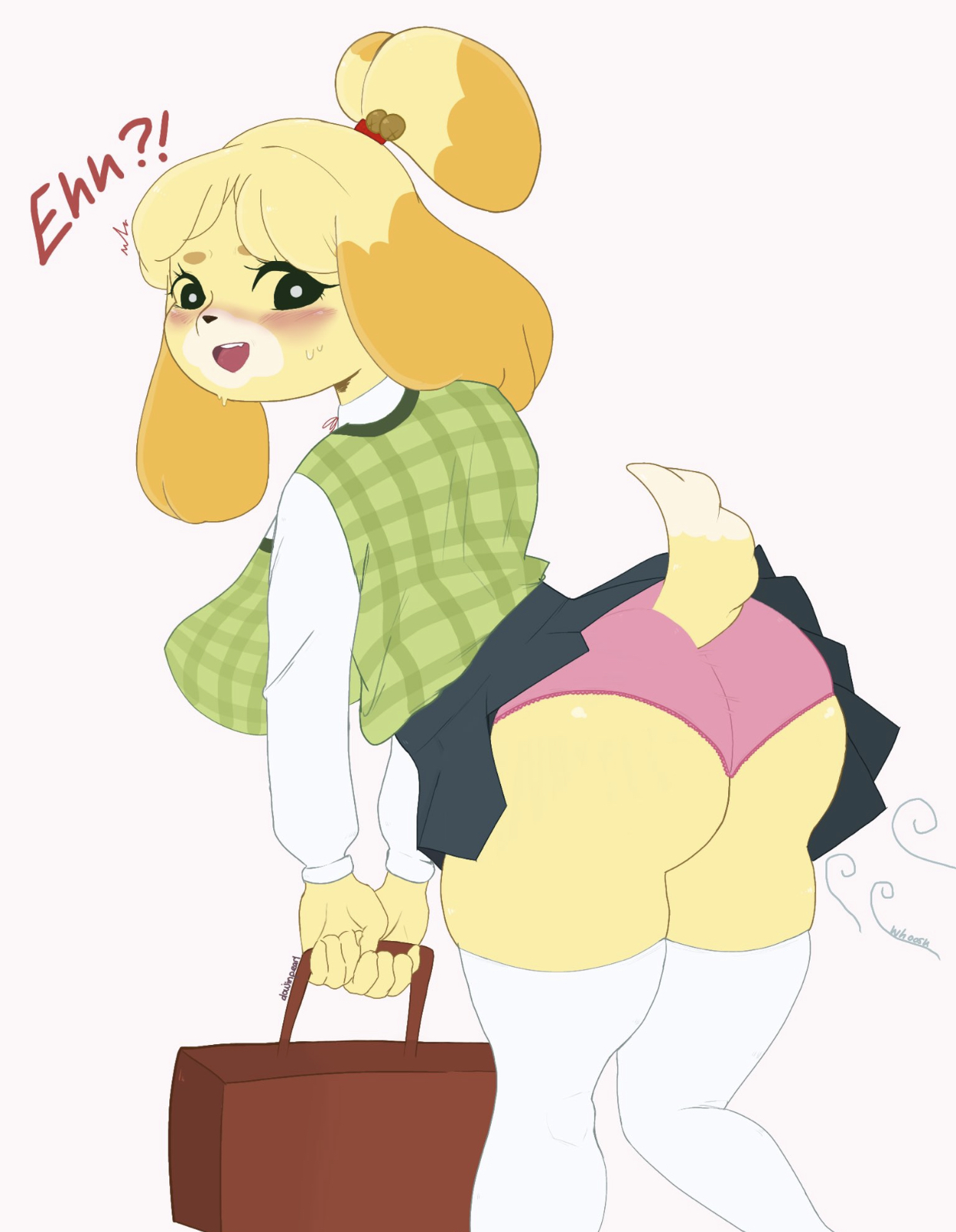1girls, 2020, animal crossing, ass, big ass, big breasts, big ears, breasts, canine, cute, dog tail, doujinpearl, female, furry, isabelle (animal crossing), nintendo, panties, school uniform, schoolgirl, skirt lift, skirt up, thick, thick ass, thick thighs, thighs, wind lift, yellow fur