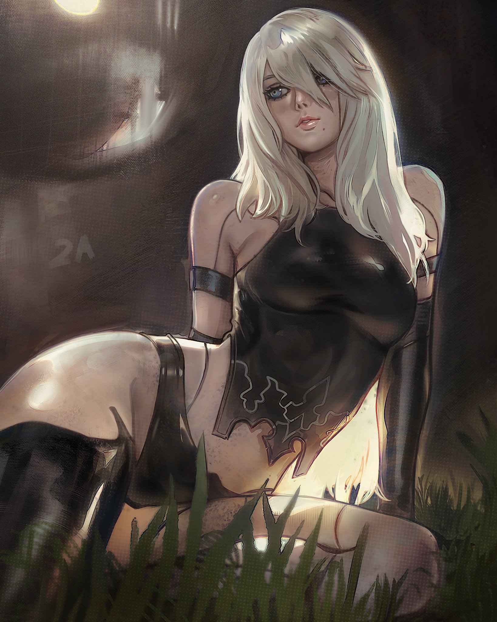 1girls, absurdres, black clothing, black panties, blue eyes, clothed, female, highres, light skin, light-skinned female, long hair, looking at viewer, nier (series), nier reincarnation, nier: automata, one eye covered, panties, shirl geem, solo, white background, white hair, yorha a2