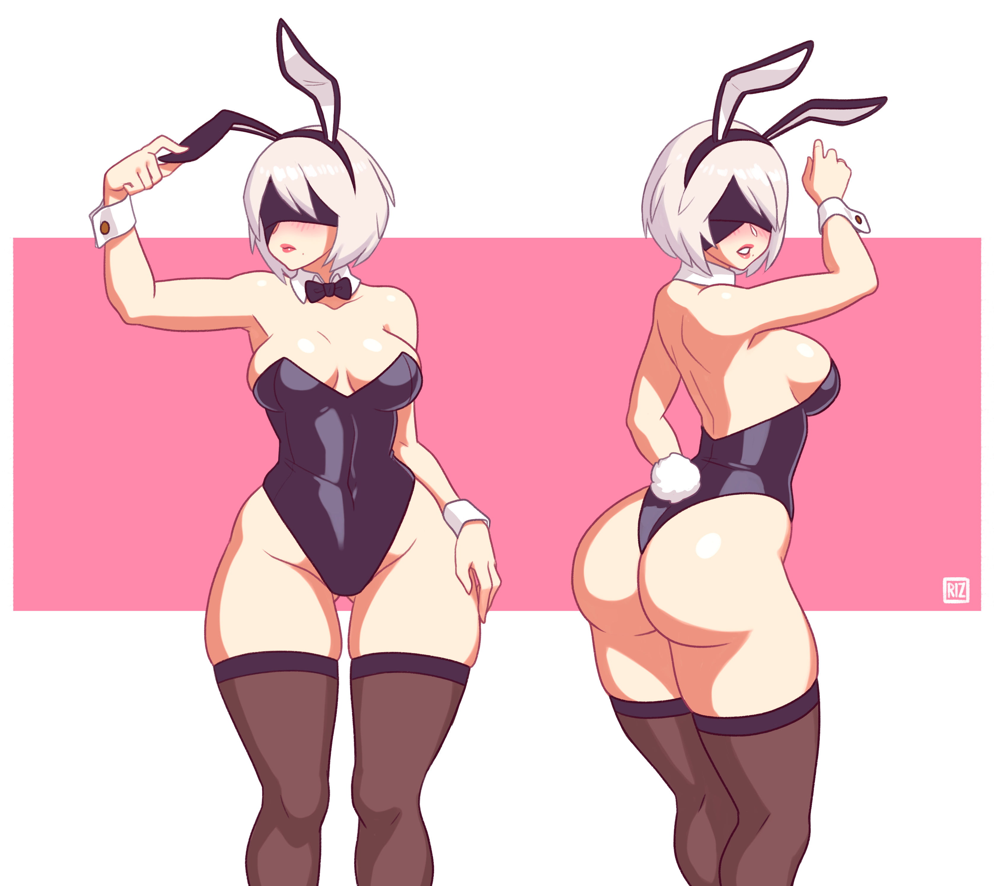 1girls, 2020, android, ass, big breasts, blindfold, bob cut, breasts, bunny ears, bunny girl, bunnysuit, cleavage, female, female focus, female only, mole under mouth, nier, nier: automata, rizdraws, short hair, sideboob, solo, solo female, solo focus, square enix, thick thighs, thighs, white hair, yorha 2b