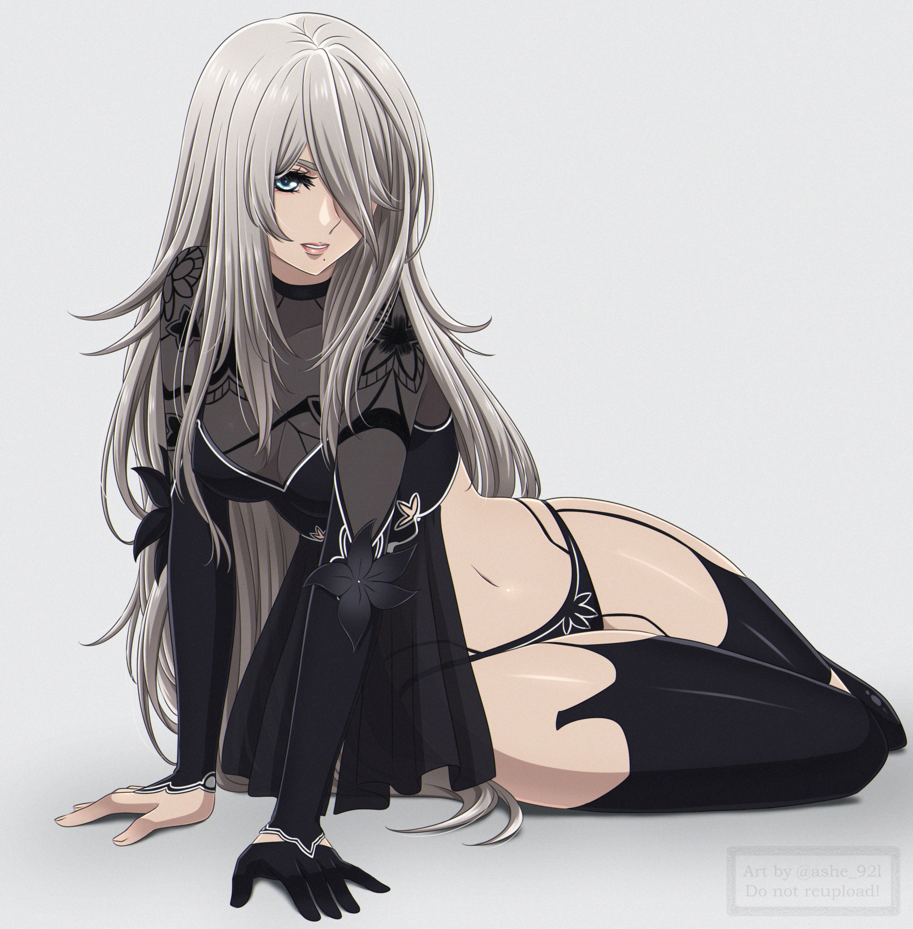 1girls, absurdres, blue eyes, female, gloves, grey hair, hair over one eye, highres, light skin, light-skinned female, long hair, looking at viewer, nier (series), nier reincarnation, nier: automata, one eye covered, one glove, shirl geem, sitting, solo, white background, yorha a2
