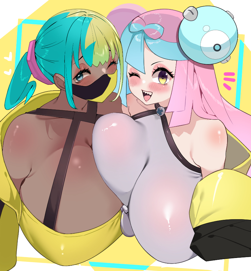 2girls, alternate breast size, bandeau, bare shoulders, blue eyes, blush, breasts, canari (pokemon), canary (pokemon), criss-cross halter, dark skin, dark-skinned female, halterneck, huge breasts, hype ass, hyper, iono (pokemon), looking at viewer, mask, multicolored hair, multicolored mask, multiple girls, nanjamo (pokemon), nintendo, one eye closed, open mouth, pokemon, pokemon legends: z-a, pokemon sv, shiny skin, sumisumii, two-tone hair, two-tone mask, wink, winking at viewer, yellow bandeau, yellow eyes