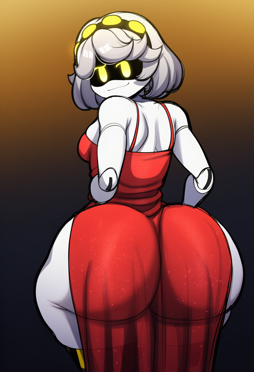 1girls, ai, ai generated, ass, ass focus, back view, behind view, big ass, big butt, bubble ass, bubble butt, dress, female, female focus, female only, looking at viewer, murder drones, novelai, red dress, solo, thick thighs, v (murder drones)