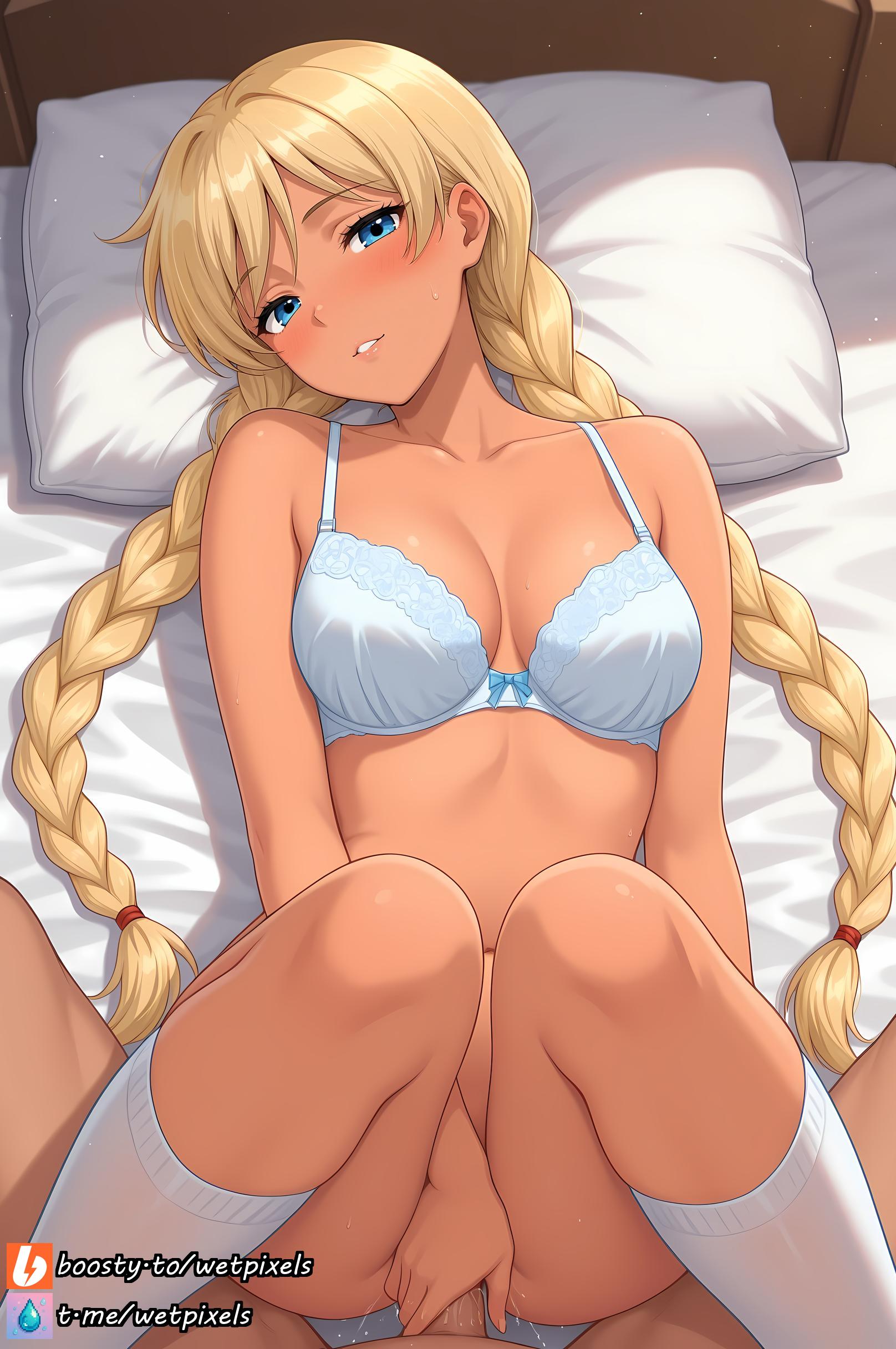ai generated, blonde hair, everlasting summer, sex, slavya (everlasting summer), socks, twin braids, wetpixels, white panties