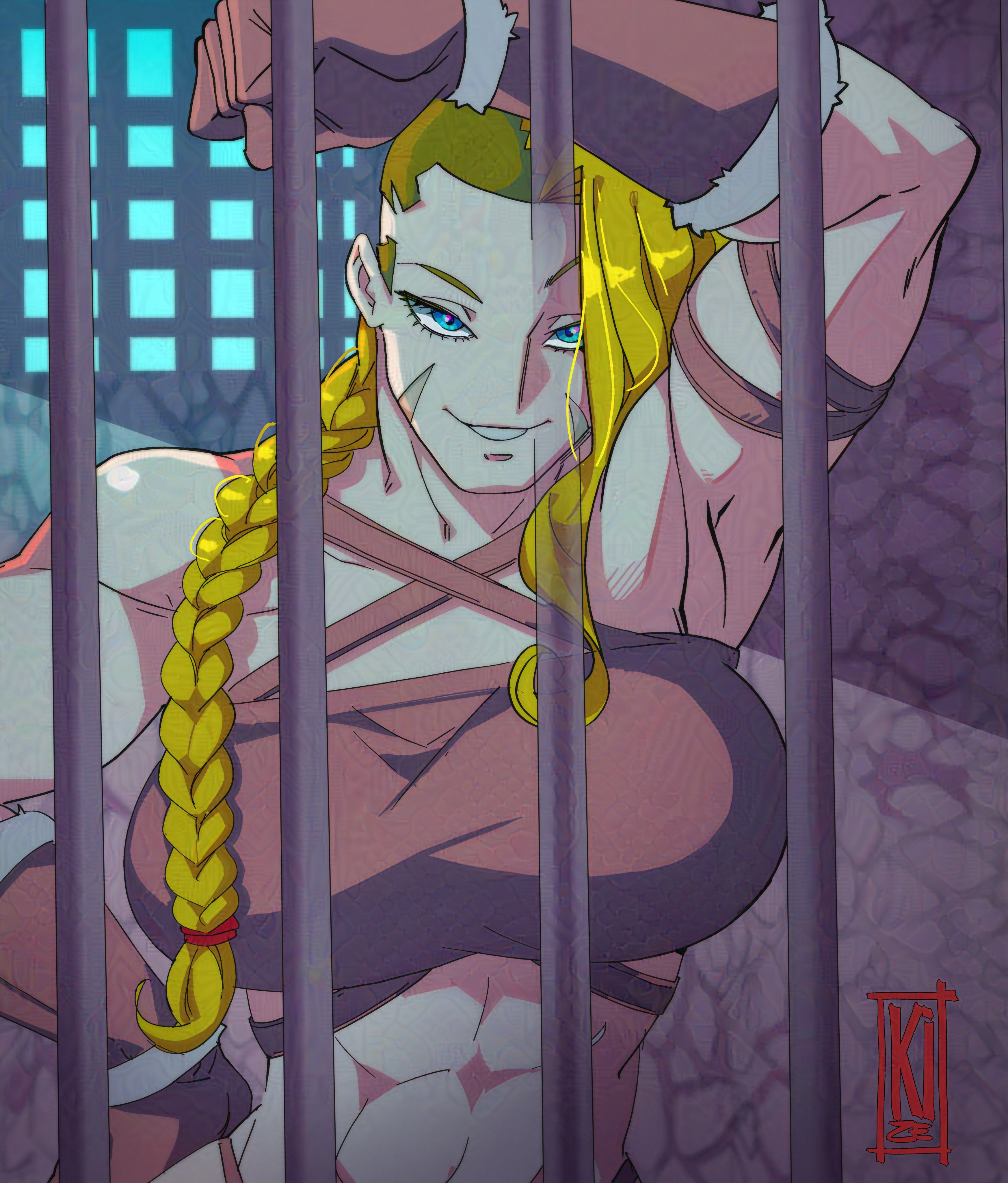 1girls, abs, arm up, armpits, barbarian, bare shoulders, big breasts, blonde hair, blue eyes, braids, clothed, clothing, color, female focus, fit, fit female, hilde (nisego), kize art, large breasts, long hair, looking at viewer, muscles, muscular, muscular female, nisego, prison cell, prisoner, scar on face, seductive escape, seductive look, shaved side, solo