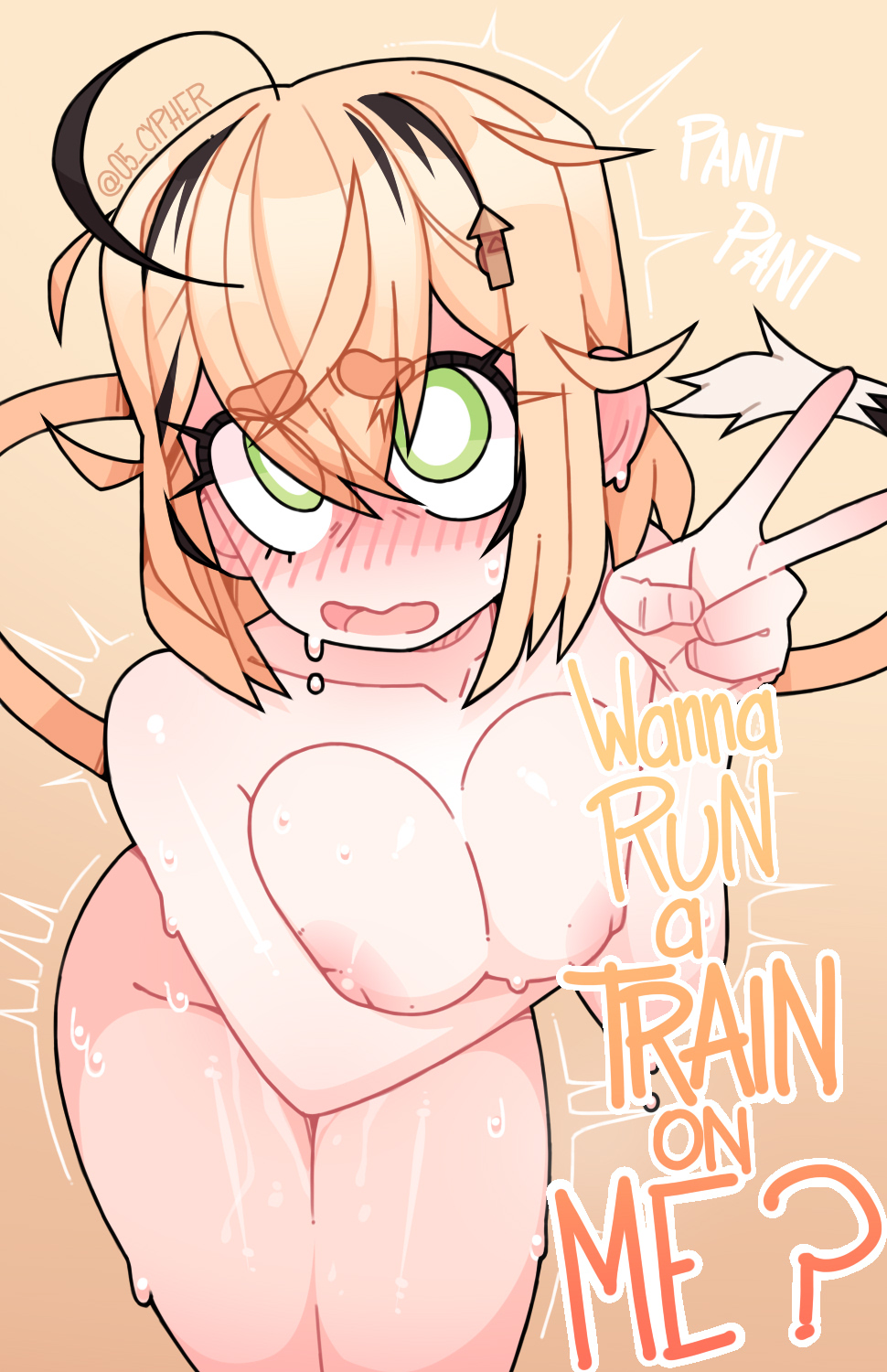 1girls, ahoge, areolae, asking for sex, big breasts, blonde hair, blush, breasts, bushy eyebrows, cypher 05, dooby3d, ear blush, embarrassed, english text, female, female only, flustered, gradient background, green eyes, hairclip, hand under breasts, hips, indie virtual youtuber, large breasts, large eyes, leaning forward, light skin, light-skinned female, looking at viewer, multicolored hair, nervous, nipple slip, nipples, open mouth, peace sign, shy, solo, sweat, sweatdrop, sweating, tail, text, thick eyebrows, thighs, trembling, v, v sign, virtual youtuber, wavy mouth