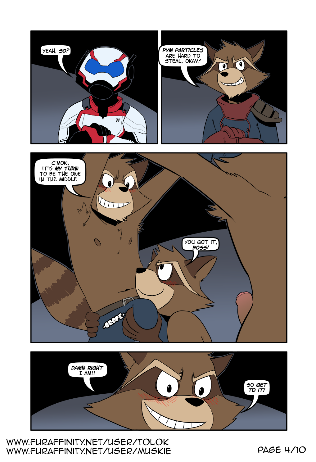 avengers avengers:_endgame bulge bulge_grab clothed clothing comic english_text foursome furry furry_only gay grope group group_sex guardians_of_the_galaxy hi_res imminent_sex male male/male male_only mammal marvel marvel_cinematic_universe muskie orgy page_4 procyonid raccoon rocket rocket_raccoon selfcest sex square_crossover text time_travel tolok topless url yaoi