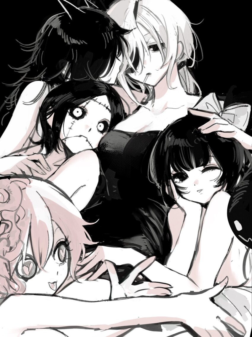 5girls, absurdres, bare shoulders, bed, big breasts, black hair, breasts, chainsaw man, cosmo (chainsaw man), crop top, eyepatch, female, female only, hand on head, harem, heart symbol, heart-shaped pupils, highres, horns, huge breasts, hugging, in bed, lesbian, long (chainsaw man), long hair, looking at viewer, loving couple, mizu1202001, multiple girls, naked, one eye closed, pingtsi (chainsaw man), pink hair, ponytail, quanxi (chainsaw man), quanxi's group (chainsaw man), scars, silly, simple background, symbol-shaped pupils, tank top, tongue, tongue out, tsugihagi (chainsaw man), white hair, yuri, yuri harem