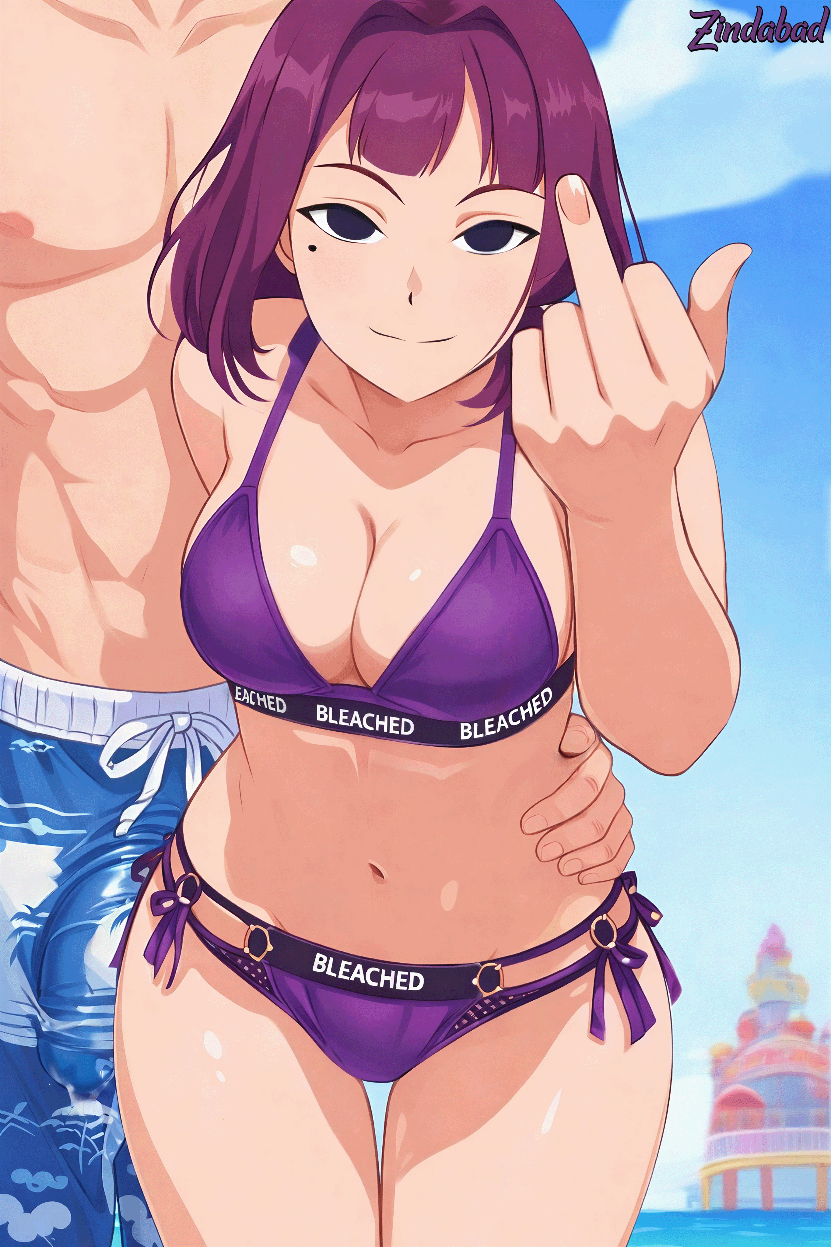 1girls, ai assisted, ai generated, amelia (pathways), bathing suit, beach, big breasts, bleached, bleached clothing, boner, breasts, bulge, busty, cleavage, duo, erection, erection under clothes, erection under clothing, female, hand on hip, huge cock, large breasts, light-skinned female, light-skinned male, male, middle finger, navel, partial male, pathways (game), purple hair, raceplay, smile, zindabad