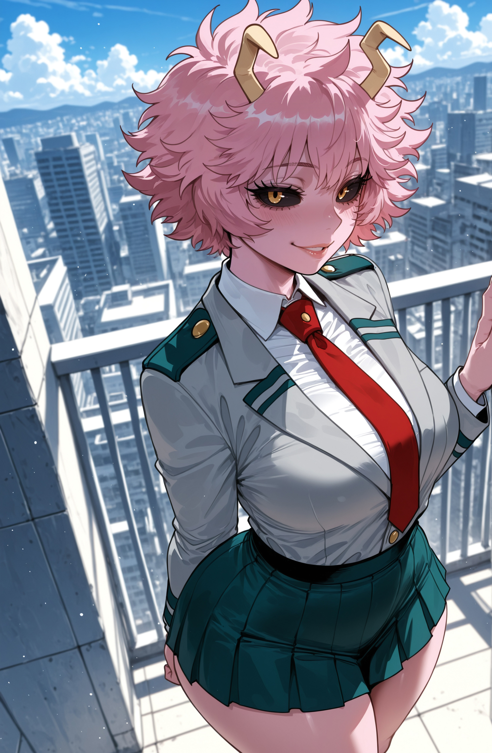 ai generated, big ass, big breasts, boku no hero academia, curvy, cute, female, female only, horn, mina ashido, miyuai, my hero academia, pink body, pink hair, pink skin, school uniform, sexy, skirt, solo, thick ass, thick legs, thick thighs, yellow eyes