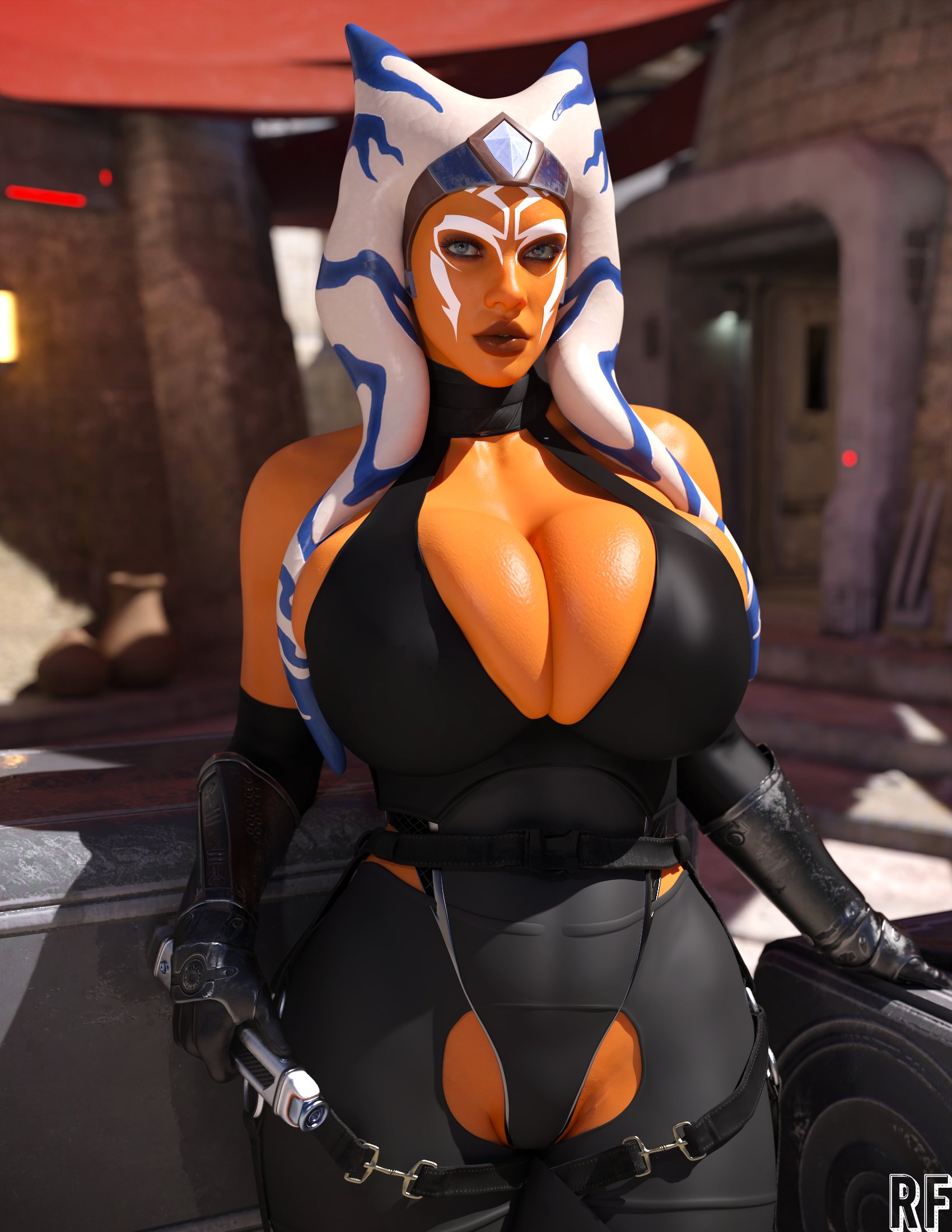 1girls, ahsoka tano, alien, alien girl, big breasts, huge breasts, lightsaber, lightsaber hilt, looking at viewer, orange body, rude frog, star wars, thick thighs, togruta