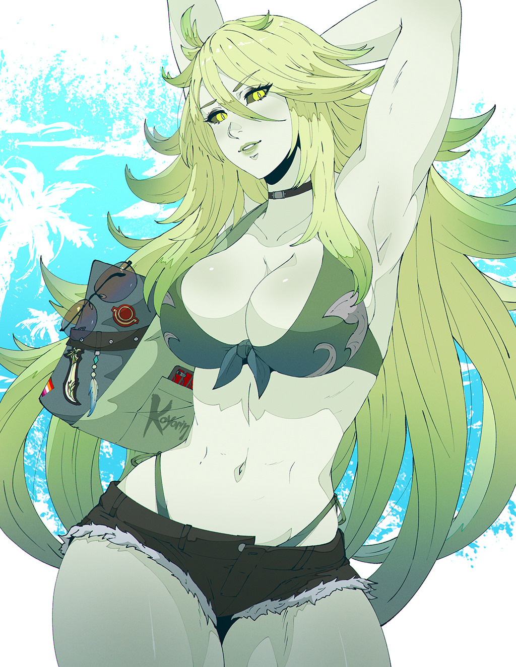 armpits, arms up, barbariccia, bikini, bikini bottom under shorts, bikini under clothes, black sclera, breasts, colored sclera, colored skin, commentary, curvy, cutoffs, english commentary, female, female only, final fantasy, final fantasy xiv, green bikini, green hair, green lips, green sclera, green skin, highres, koyorin, large breasts, lipstick, long hair, looking at viewer, mature female, micro shorts, navel, pale skin, pose, safe, safe for work, seductive smile, shorts, slit pupils, solo, square enix, swimsuit, very long hair, yellow eyes, younger female