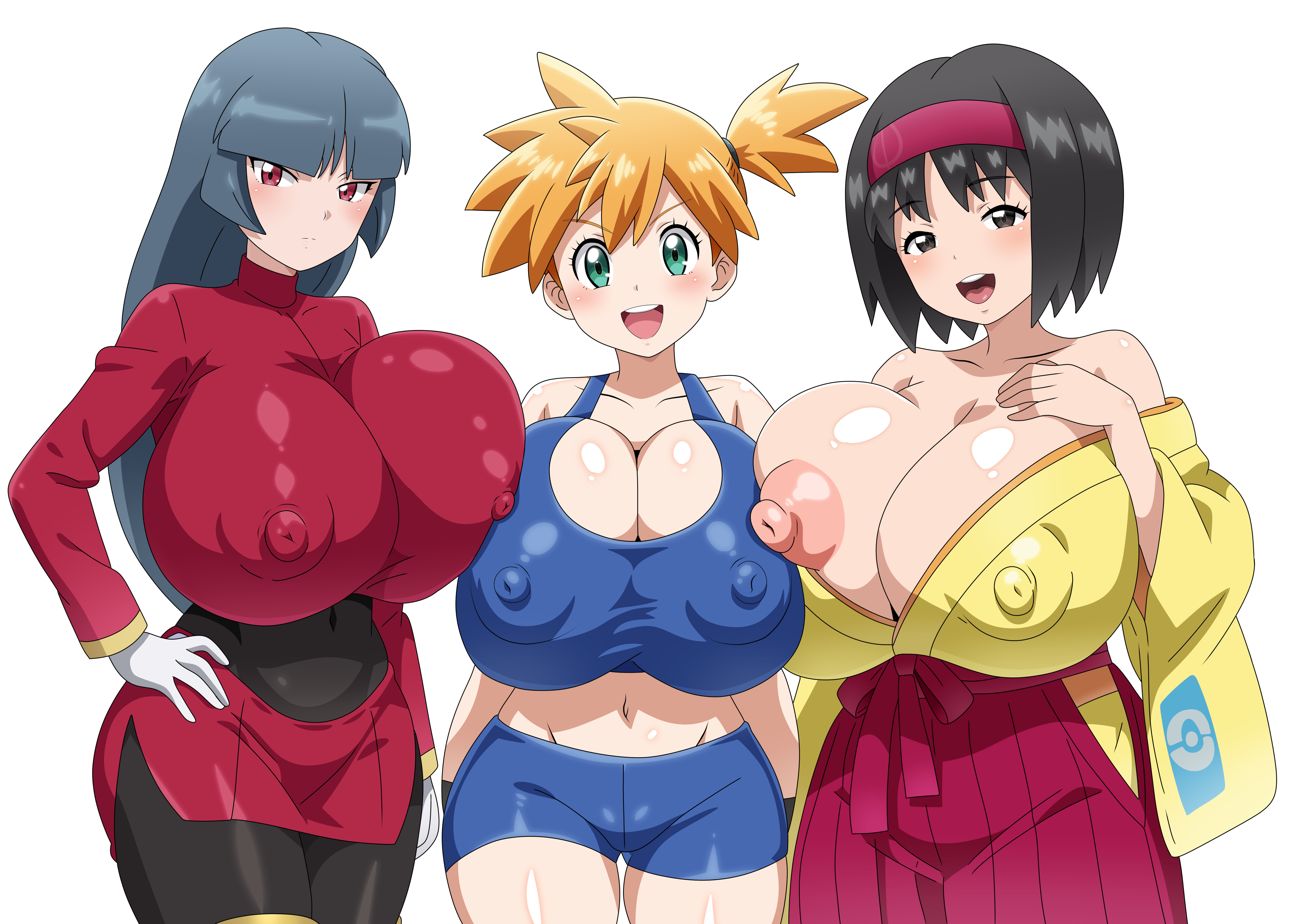 :d, 3girls, absurdres, alternate breast size, aqua eyes, asymmetrical hair, bare shoulders, black eyes, black hair, blunt bangs, blush, bodysuit, breast press, breast suppress, breasts, cleavage, closed mouth, covered navel, cowboy shot, crop top, curvy, erika (pokemon frlg), erika (pokemon), female, female focus, game freak, gamefreak, gloves, green eyes, gym leader, hairband, hand on own hip, heart, heart background, highres, hitokiwa kenchin, huge breasts, japanese clothes, kasumi (pokemon), kimono, long hair, long sleeves, looking at viewer, midriff, misty (pokemon frlg), multiple females, multiple girls, navel, nintendo, nipples, open mouth, orange hair, pantyhose, pokemon, pokemon frlg, pokemon rgby, ponytail, red eyes, red hairband, robe, sabrina (pokemon frlg), sabrina (pokemon), shiny skin, shirt, short hair, shorts, side ponytail, skirt, smile, sparkle, standing, tank top, teeth, thick thighs, thighs, upper teeth only, very long hair, white gloves, wide hips