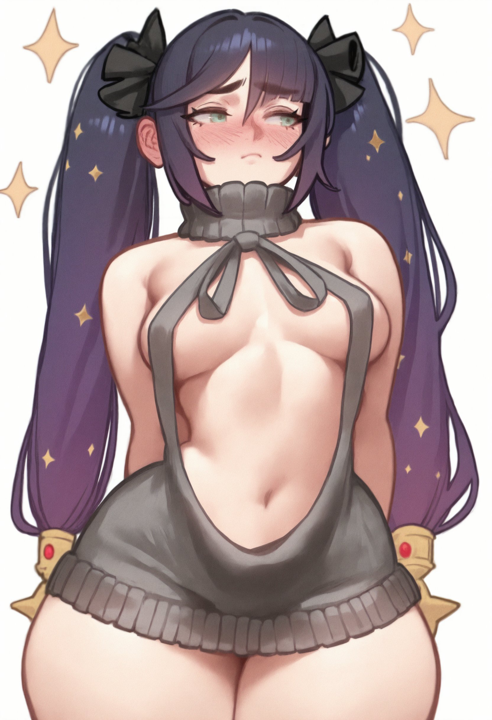 1girls, ai generated, breasts, cr00wy, female, female focus, female only, genshin impact, large breasts, light skin, light-skinned female, looking at viewer, mona (genshin impact), solo, thick thighs, thighs, white background, wide hips
