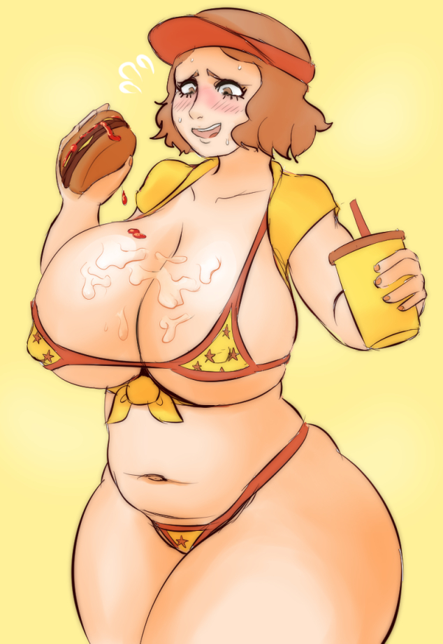 belly, bikini, breasts, burger, cap, cum, cum on breasts, curvy, fast food, fast food uniform, female, hamburger, haru okumura, huge breasts, igdel, persona, persona 5, pinup, solo, uniform, wide hips