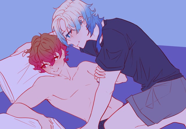 2boys, about to have sex, alexis ness, before sex, blonde hair, blue lock, blush, boyfriends, clothed, comforting, couple, gay, german, good artwork, in love, kainess, kaiser michael, looking at partner, looking lovely, love, love view, magenta eyes, magenta hair, male only, michael kaiser, nazuna hoshizora, nipples, on bed, shirtless, top-up bottom-down, wholesome, yaoi