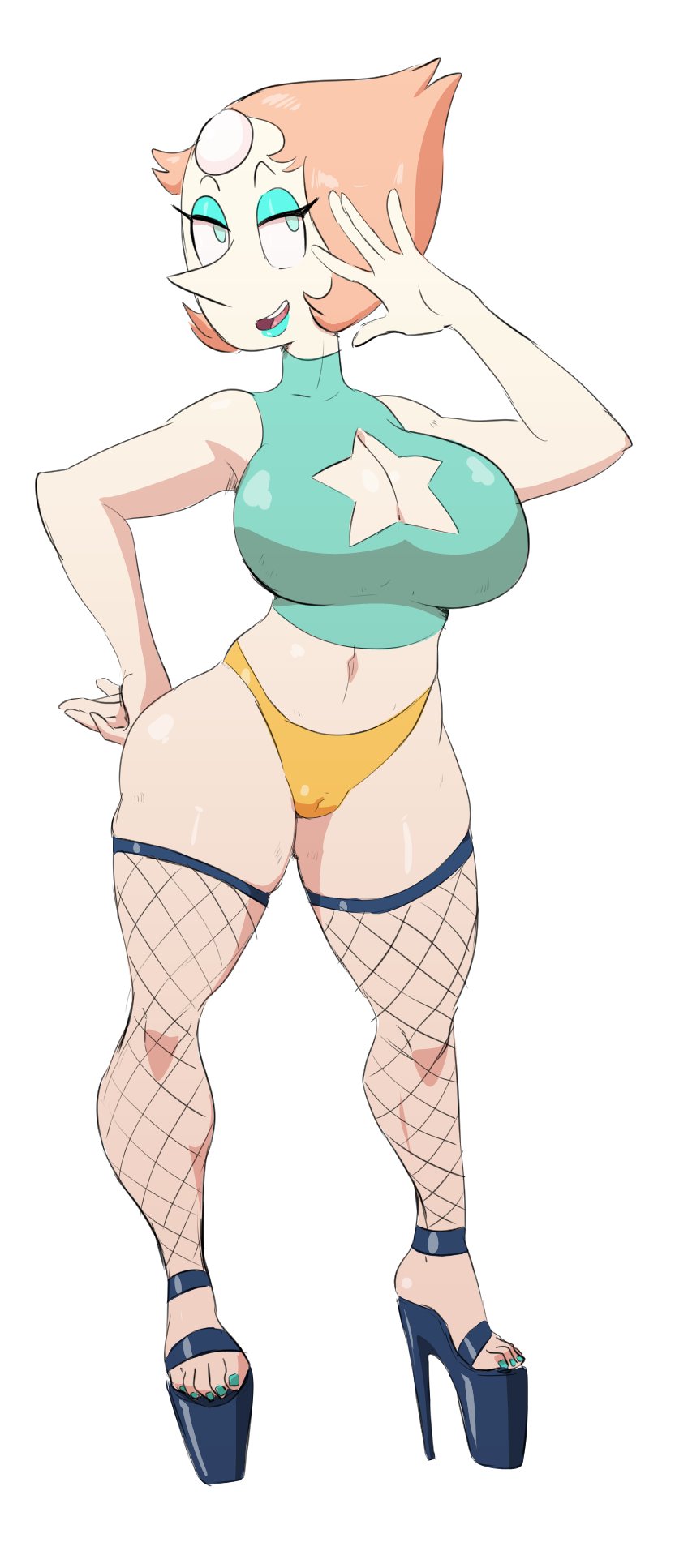 big breasts, bimbo, breasts, cameltoe, cleavage cutout, female, fishnets, gem (species), guillion (toshkarts), high heels, huge breasts, makeup, pearl (steven universe), platform heels, prostitute, pussy, pussy visible through clothes, seductive, short hair, steven universe