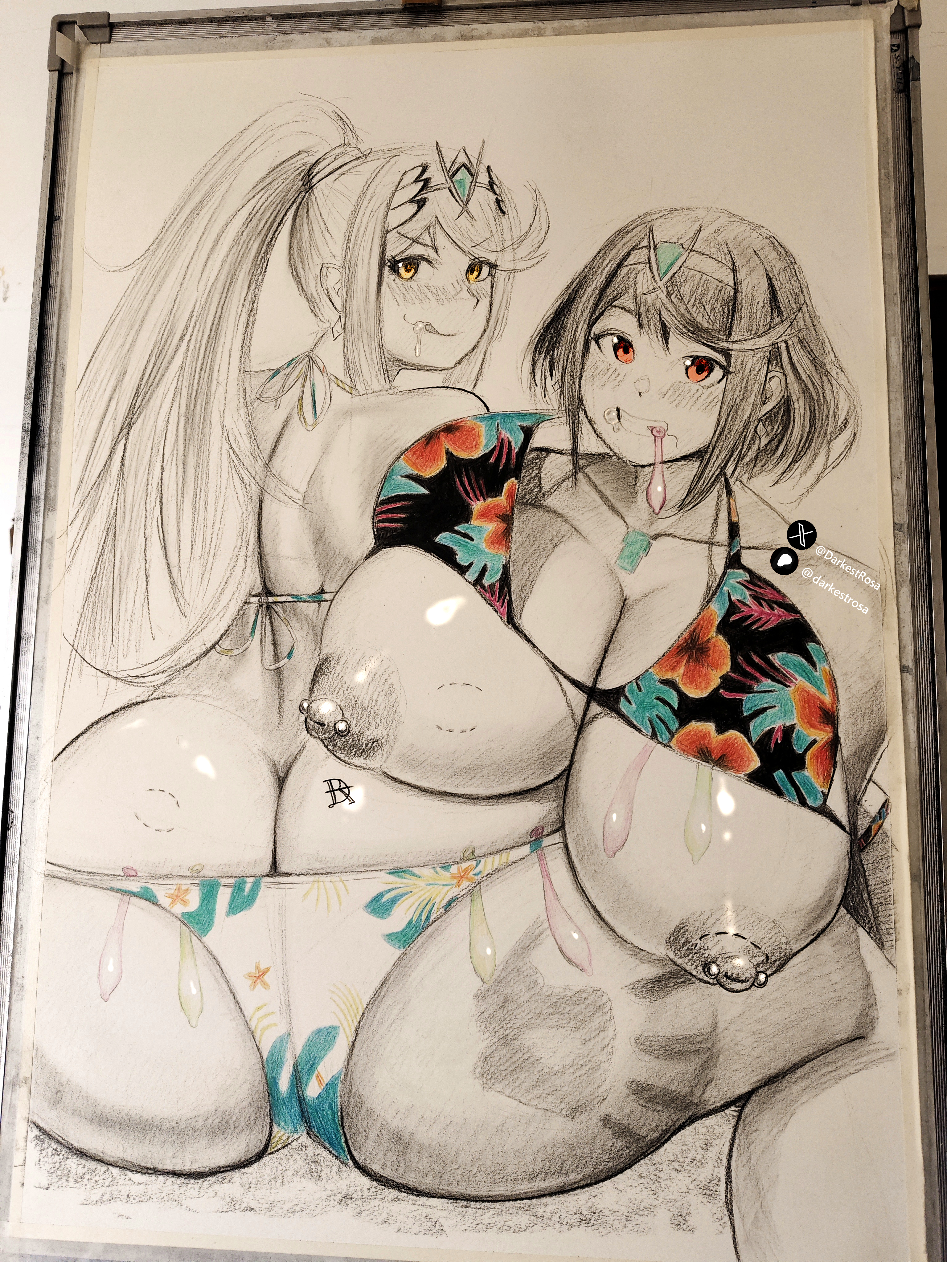 2girls, ass, big ass, big breasts, bikini, bikini bottom, bikini top, bite mark, blonde hair, breasts, breasts out, condom, condom in mouth, darkestrosa, female, female only, hikari (xenoblade 2), homura (xenoblade 2), huge ass, huge breasts, mythra, mythra (xenoblade), nintendo, nipple piercing, nipples, pyra, pyra (xenoblade), slap mark, swimsuit, xenoblade (series), xenoblade chronicles 2, yellow eyes