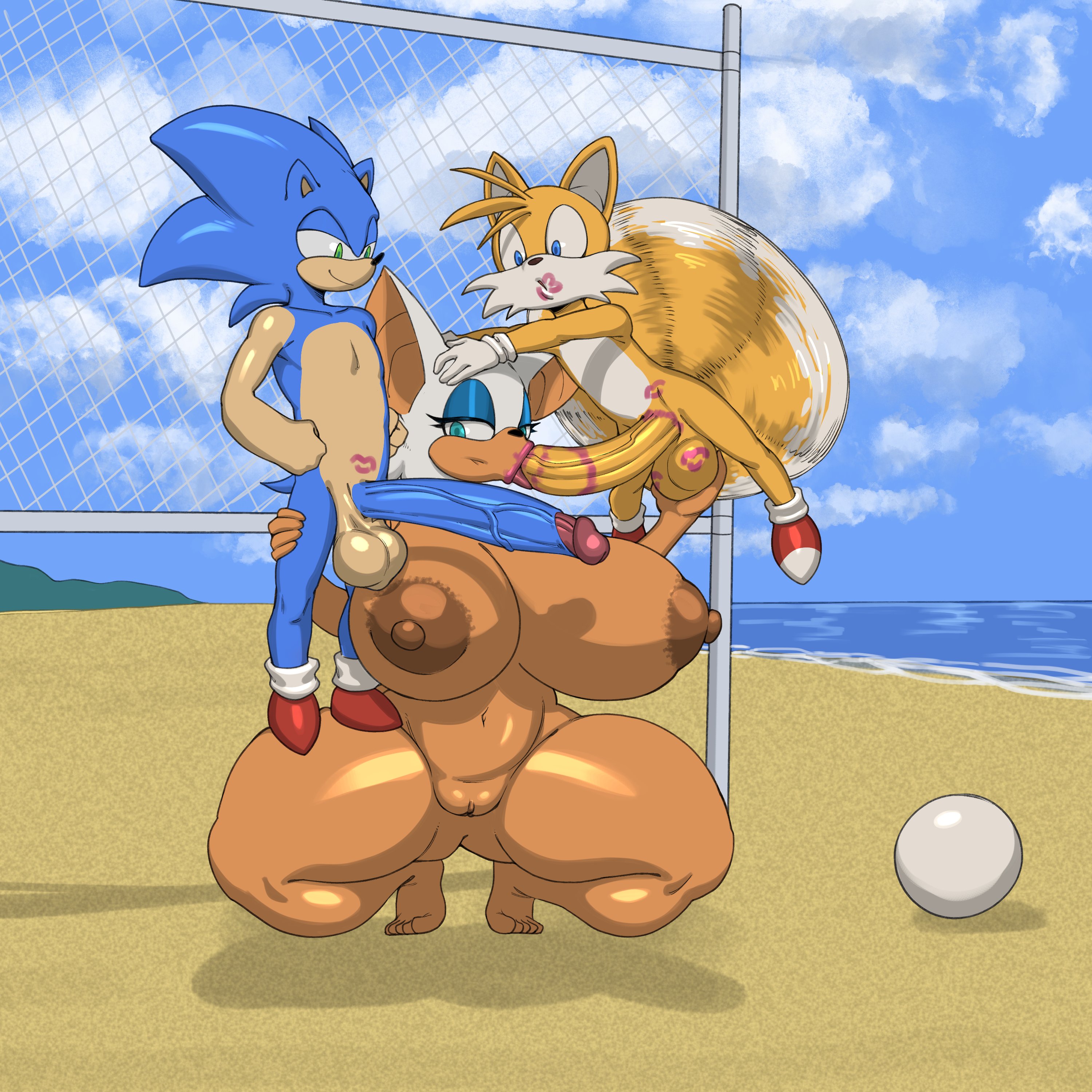 1girls, 2boys, 2d (artwork), anthro, bat, beach, big breasts, big penis, blowjob, fellatio, female, fox, hedgehog, huge breasts, huge cock, lipstick mark, lipstick on penis, male, megahand6, miles tails prower, navel, nipples, nude, oral penetration, penis, pussy, rouge the bat, sega, sex, sonic (series), sonic the hedgehog, sonic the hedgehog (series), squatting, tails the fox, thick thighs, threesome, veiny penis, wide hips