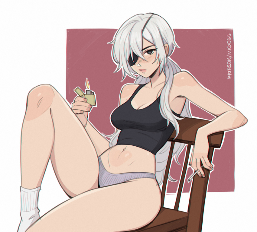 1girls, absurdres, bare shoulders, belly, belly button, big breasts, black crop top, black eyes, bored, breasts, chainsaw man, chair, cigarette, crop top, eyepatch, female, female only, grey panties, highres, hips, hips wider than shoulders, holding object, hourglass figure, huge breasts, juicy lips, legs up, lighter, long hair, looking at viewer, madogg, midriff, narrow shoulders, navel, no pants, on chair, panties, ponytail, quanxi (chainsaw man), simple background, sitting, socks, solo, tank top, thick thighs, thighs, uninterested, white hair, white socks, wide hips