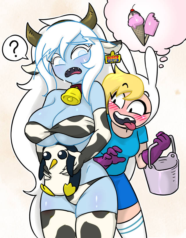 2girls, adventure time, adventure time: fionna & cake, big breasts, bikini, blonde female, blonde hair, blue body, blue skin, breasts, centinel303, cow bell, cow bikini, cow ears, cow horns, embarassed, embarrassed female, fionna the human girl, gunther (adventure time), ice queen (adventure time), pale skin, pale-skinned female, white hair, white hair female, yuri