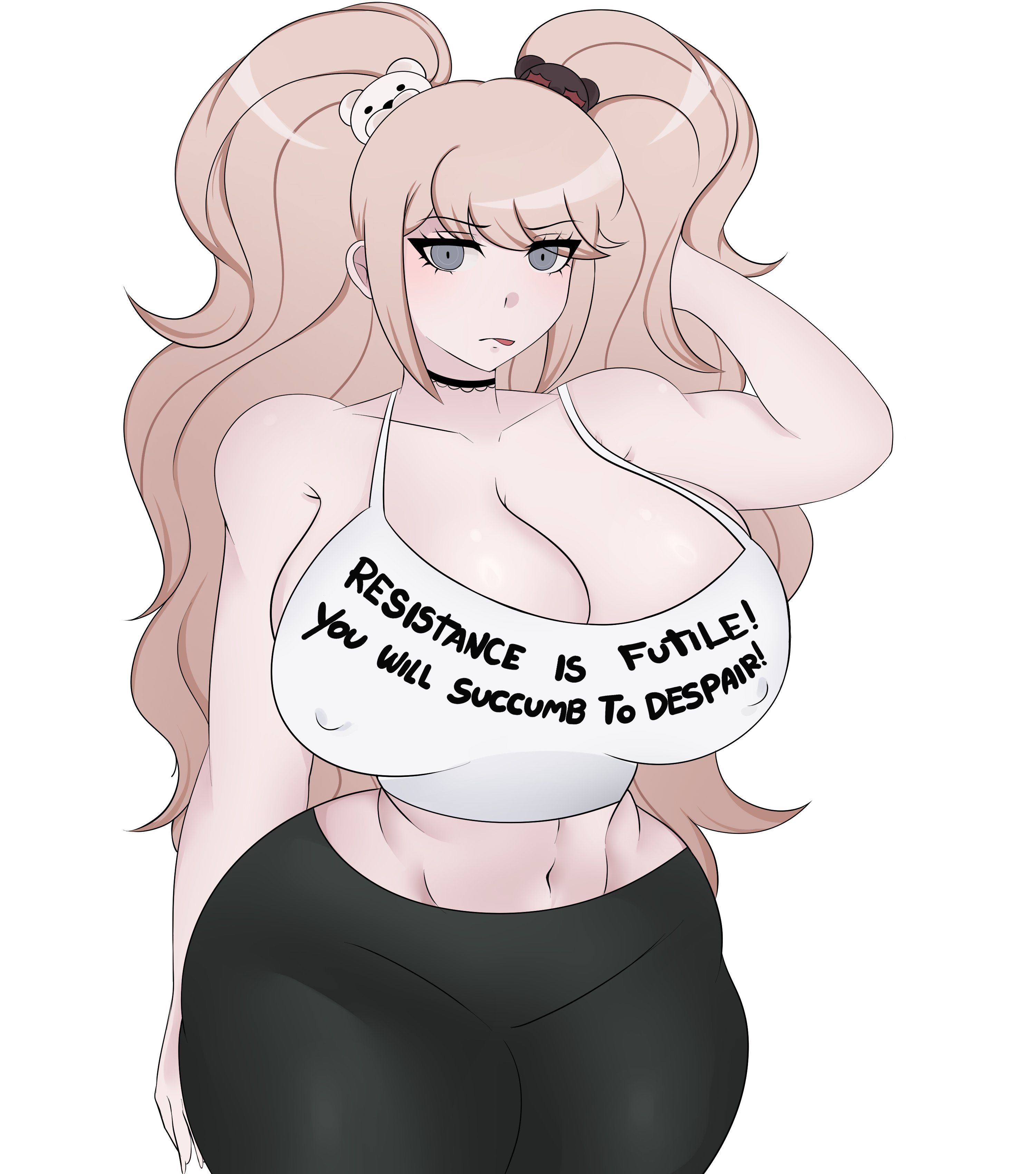 1girls, alternate breast size, athletic, athletic clothing, athletic female, black leggings, blonde hair, blue eyes, choker, danganronpa, danganronpa: trigger happy havoc, hand on head, hommysuki, hourglass figure, huge breasts, junko enoshima, large breasts, leggings, massive breasts, massive thighs, nipple bulge, nipples visible through clothing, no bra, no bra under clothes, pigtails, solo, solo female, sports bra, thick thighs, tongue out, wide hips