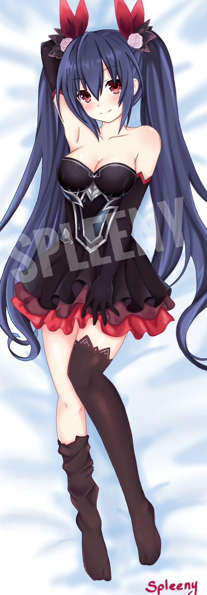 black_dress black_hair cowgirl_position dakimakura dress female_only highres legs long_hair neptunia_(series) noire red_eyes smile spleeny twintails